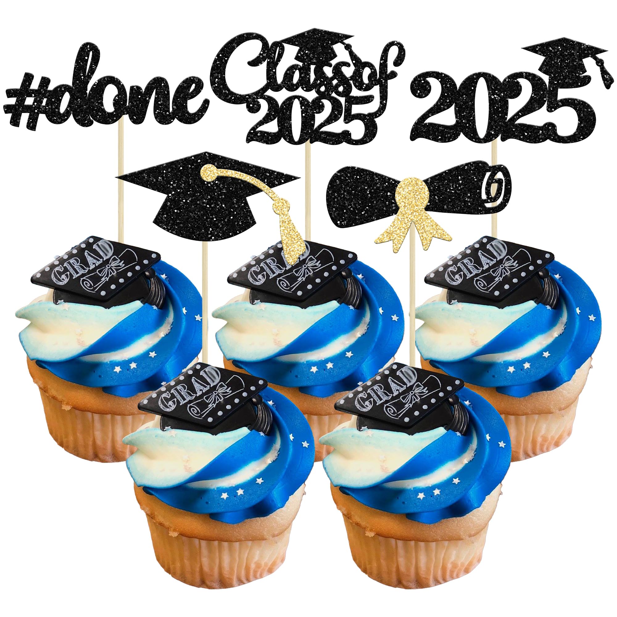 30Pcs Gold Glitter Graduation Cupcake Toppers - Class of 2025 Cake Decorations, Graduation Cap & Diploma Cake Picks for 2025 Graduation Party, Birthday, School Celebration (Perfect for Graduation Cakes, Cupcakes, Dessert Tables)