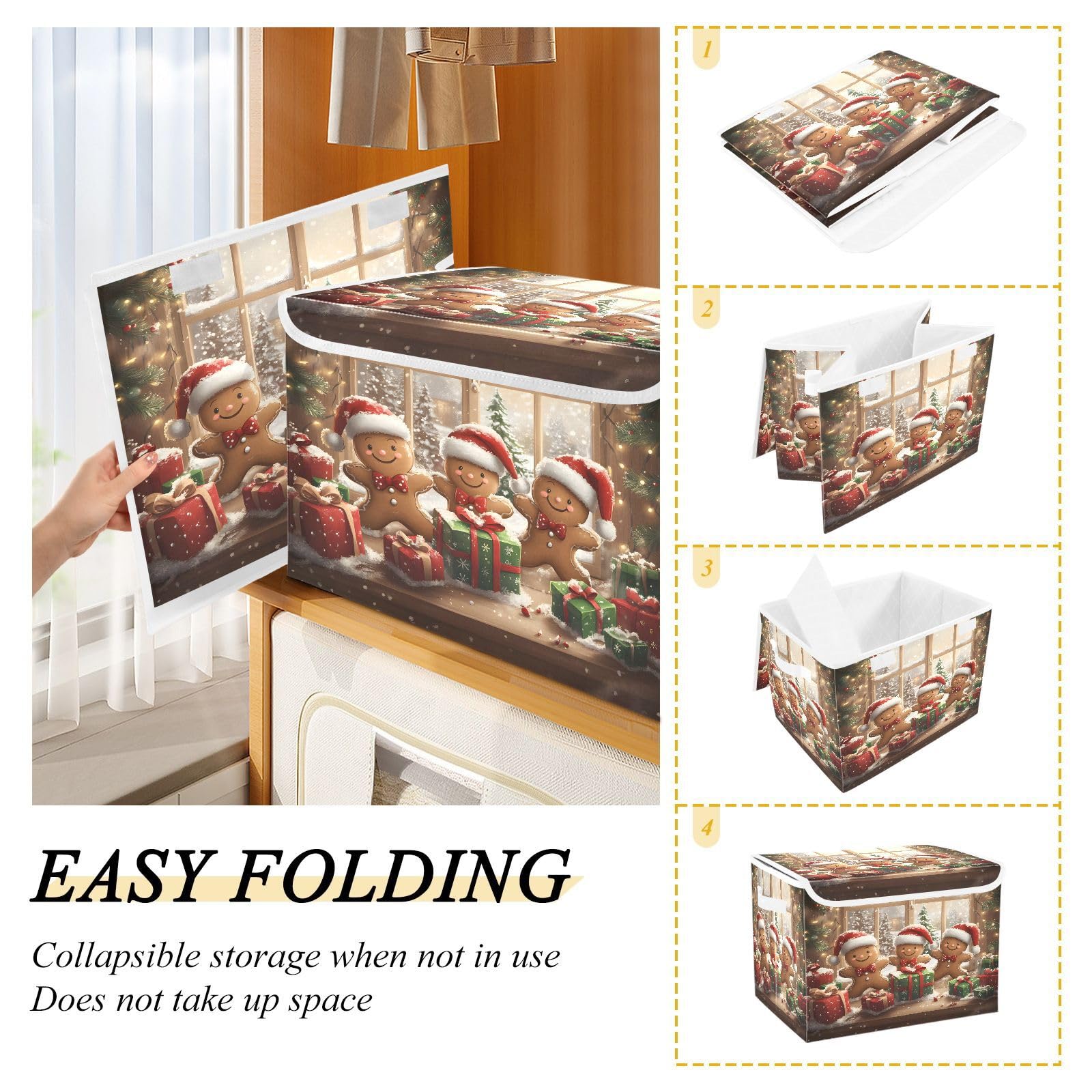 Christmas Gingerbread Man Fabric Storage Bins with Lids - Foldable Collapsible Organizer Baskets for Home, Bedroom, Closet & Office | Holiday Decor & Gift Wrapping Storage