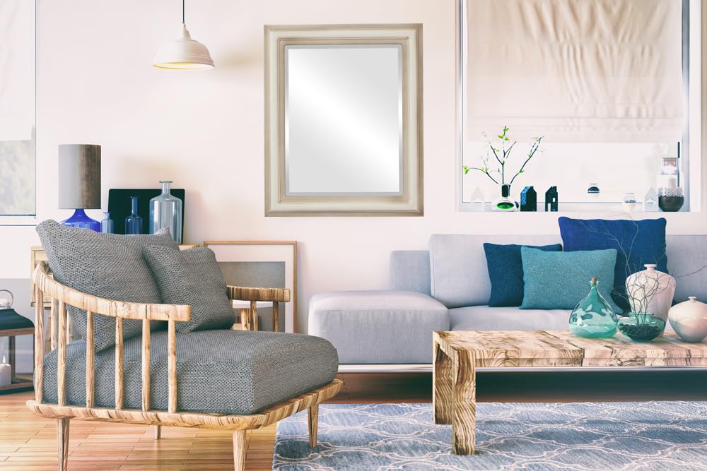 Philadelphia Style Rectangle Beveled Wall Mirror - 26x32 Inches Taupe Framed Mirror for Living Room, Bedroom & Entryway Decor - Elegant Home Decoration