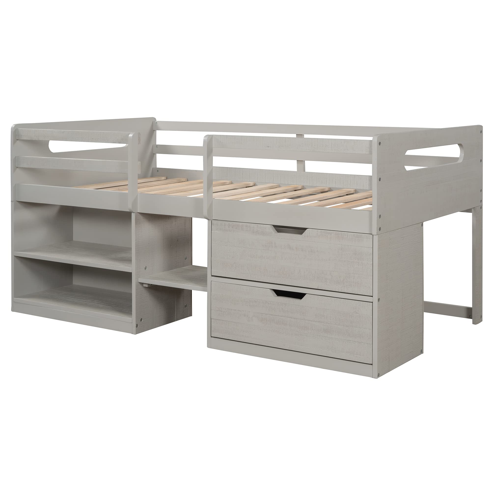 Low Loft Bed with Storage - Twin Size Wooden Loft Bed for Kids & Teens - Space Saving for Small Rooms (Antique Grey)