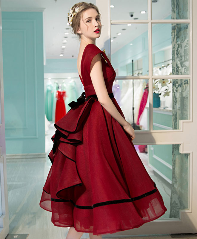 Elegant Burgundy V-Neck Tea Length Prom Dress | Formal Evening Gown for Homecoming, Wedding Guest & Special Occasions