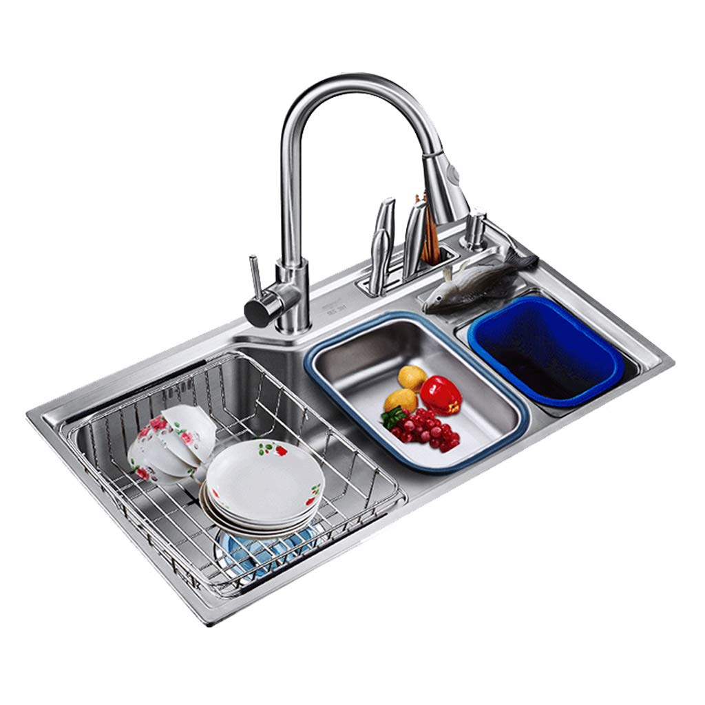 Stainless Steel Double Bowl Kitchen Sink with Pull-Out Faucet & Telescopic Drain Basket Set - Durable Copper Finish for Modern Homes, Perfect for Meal Prep & Dishwashing