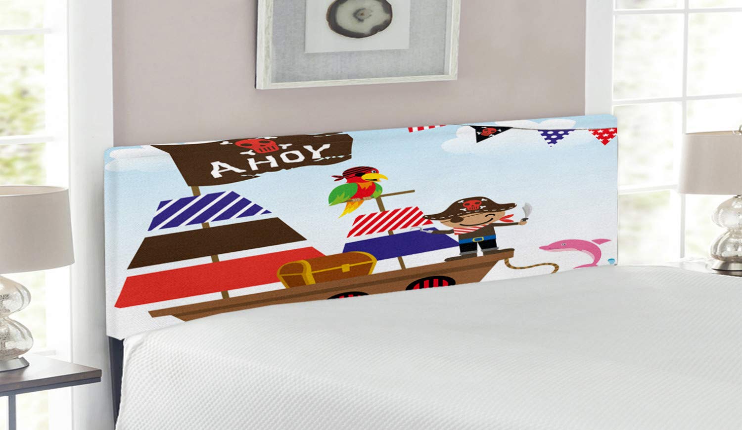 Ambesonne Ahoy It's a Boy Pirate Themed Headboard - Queen Size Upholstered Metal Bed Headboard with Memory Foam, Nautical Treasure Chest & Ocean Design - Perfect for Boys' Bedroom, Nursery or Pirate-Themed Decor