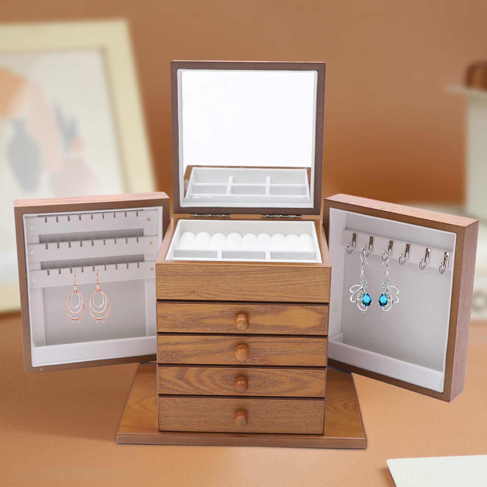 5-Layer Jewelry Organizer Box with Mirror & Drawers - Large Jewelry Storage Case for Earrings, Necklaces, Bracelets & Watches - Dark Brown Wooden Jewelry Box for Bedroom, Vanity & Travel