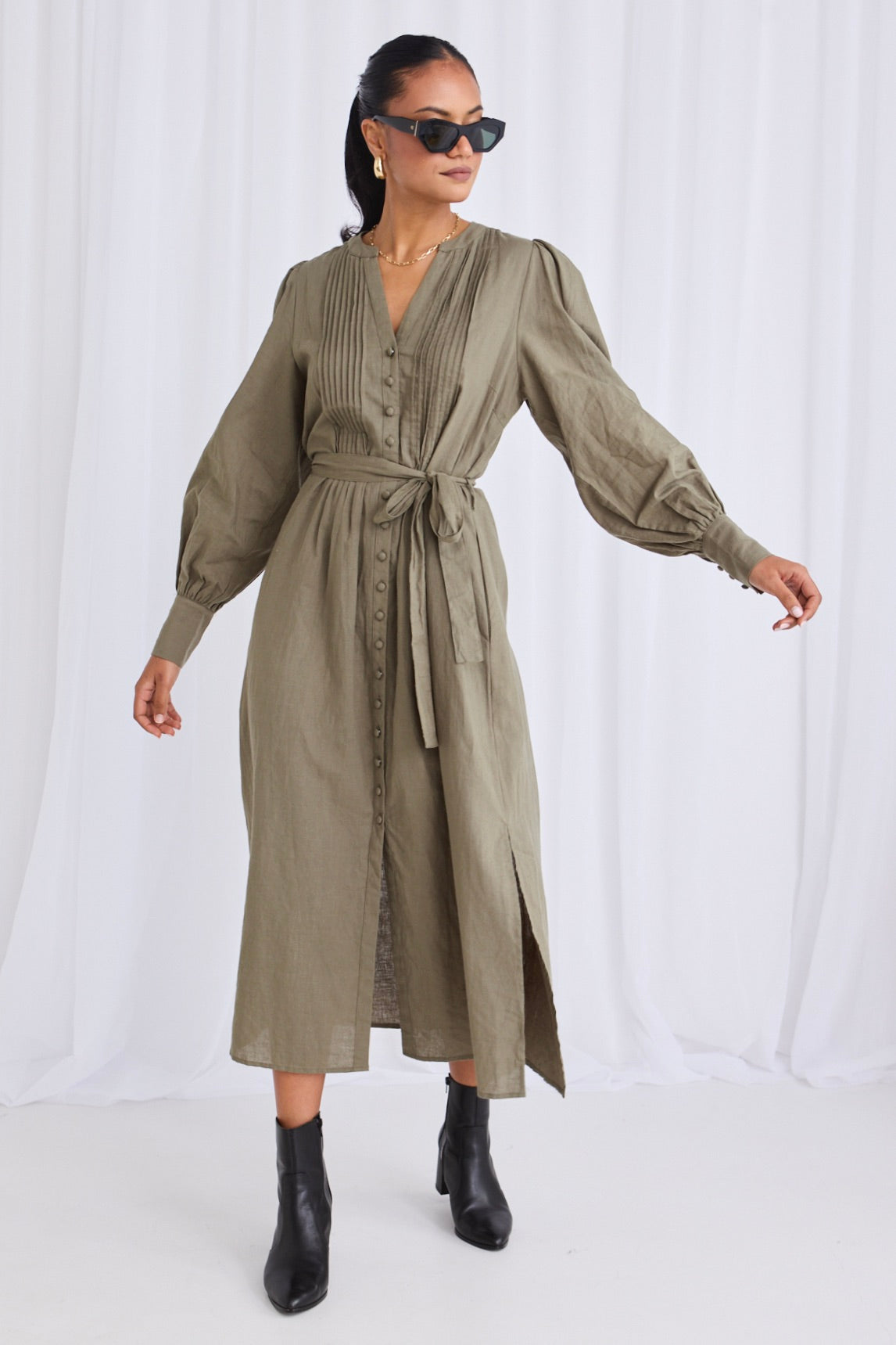 Guardian Soft Khaki Puff Sleeve Pintuck Midi Shirt Dress for Women | Casual Office Wear & Spring Summer Outfits | Comfortable Stretch Cotton Blend Dress