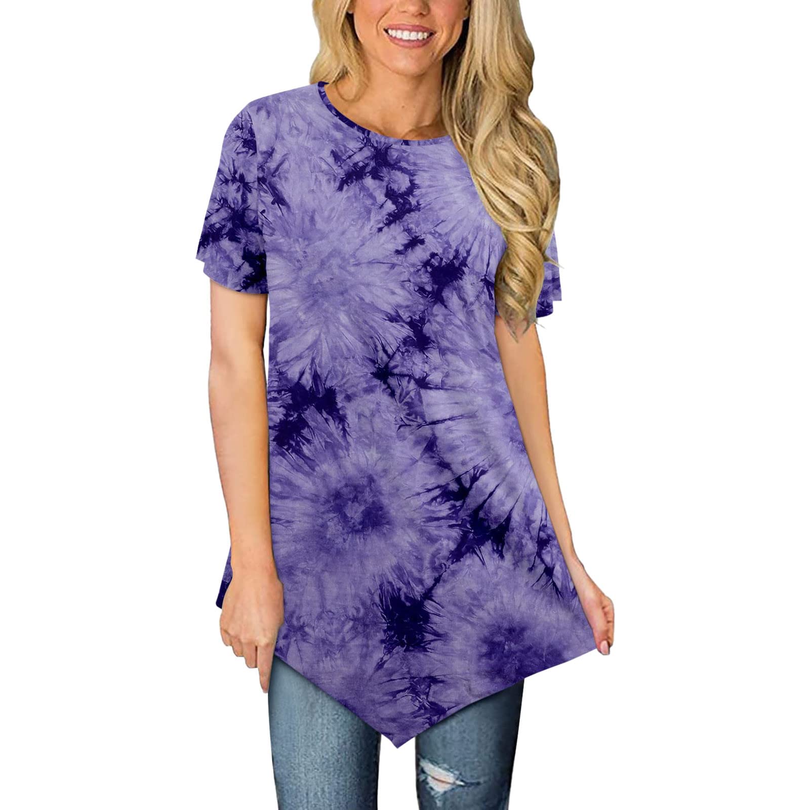 Women's Casual Short Sleeve Summer Top - Round Neck Loose Fit Asymmetrical Hem Blouse for Date Night & Outdoor Activities