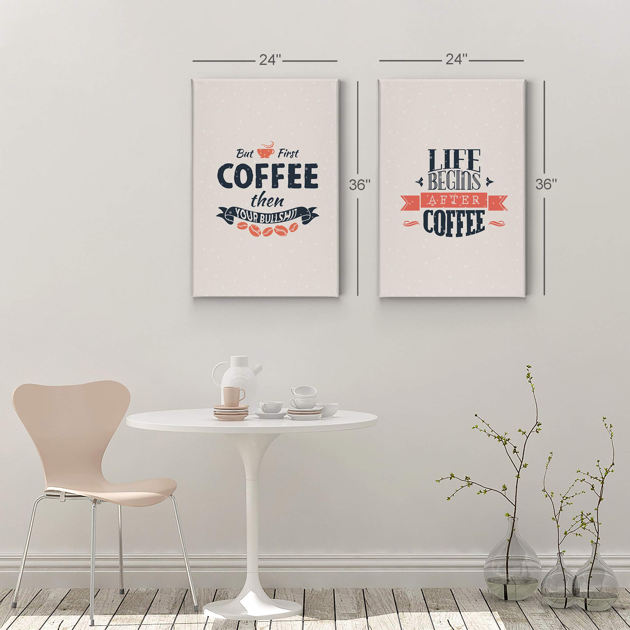 Life Begins After Coffee & But First Coffee - 2 Panel Canvas Wall Art Print Set (22x15 Inch) - Inspirational Kitchen Decor, Farmhouse Sign, Coffee Shop & Restaurant Decor - Perfect Gift for Coffee Lovers & Home Office Decor