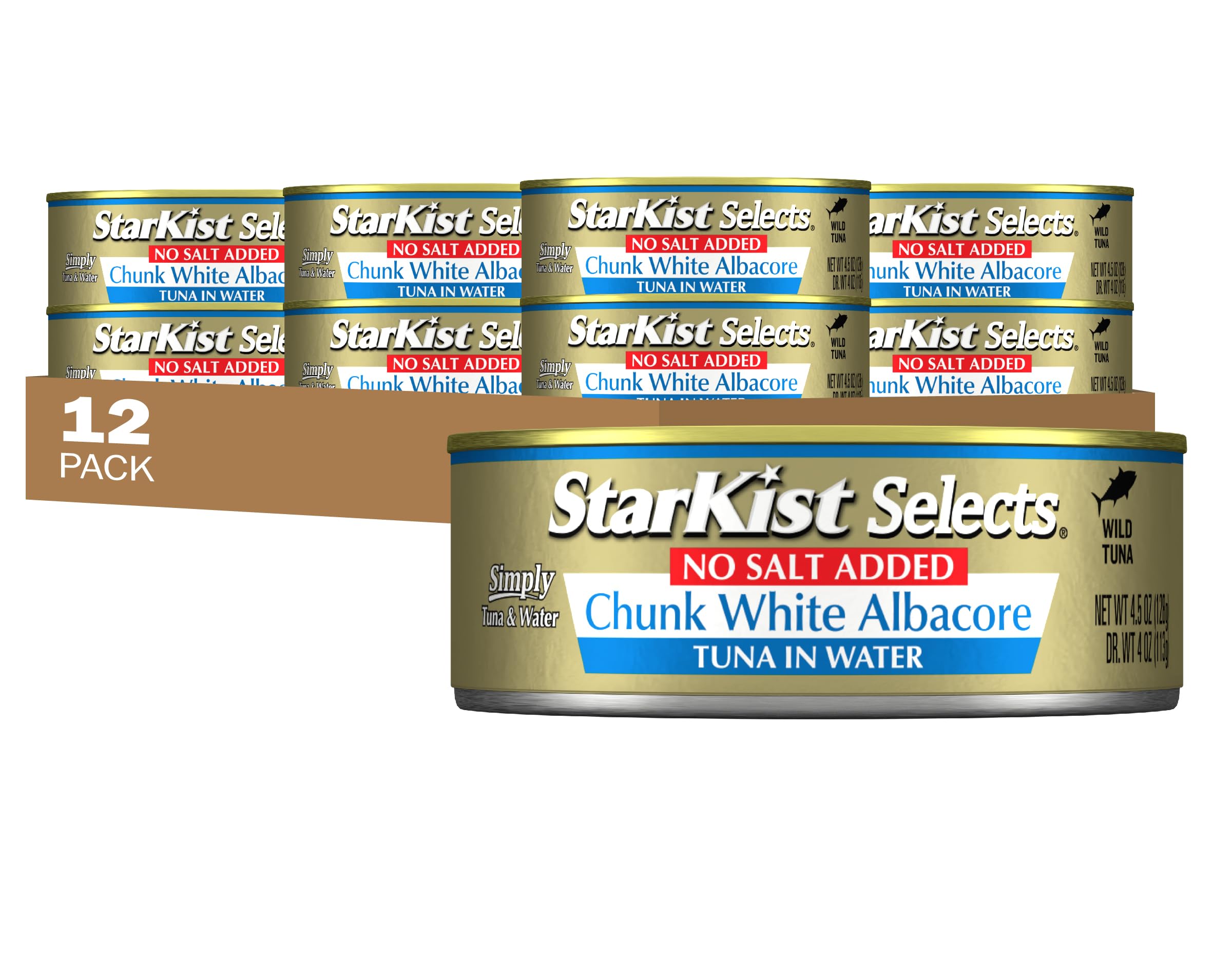 StarKist No Salt Added Chunk White Albacore Tuna in Water, 4.5 oz (12 Pack) - Wild Caught, Gluten Free, High Protein (30g per Can), Ready to Eat Canned Tuna - Perfect for Keto Diet, Salads, Sandwiches, Meal Prep & Healthy Snacks On The Go