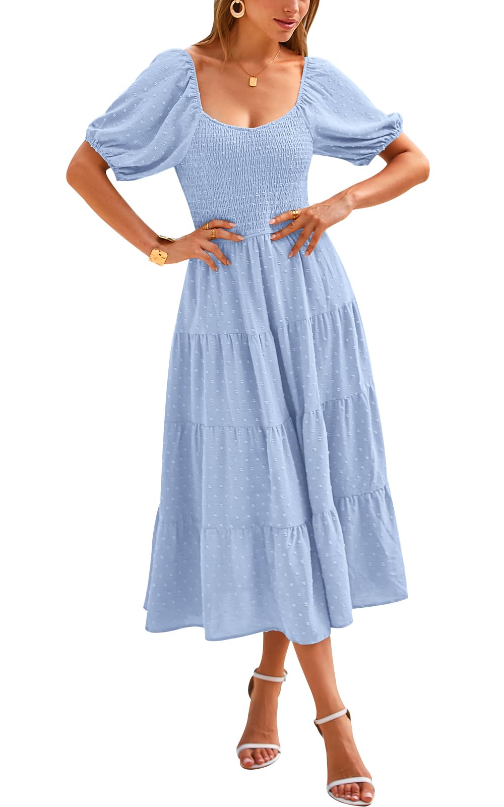 PRETTYGARDEN Women's Floral Chiffon Maxi Dress with Puff Sleeves & V-Neck - Swiss Dot High Waist Tiered Smocked Summer Dress for Beach Vacation, Wedding Guest & Date Night Outfits