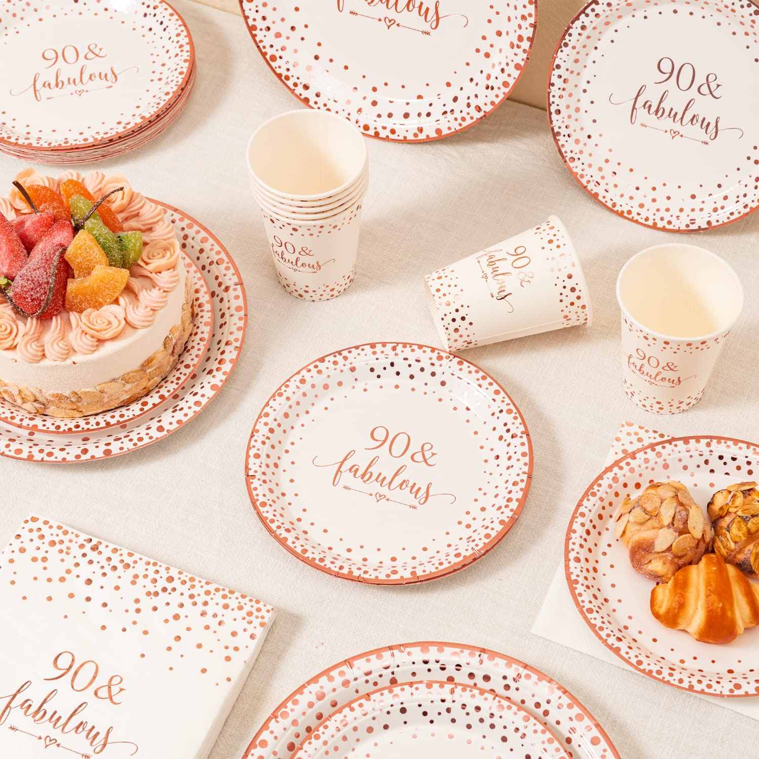 Premium Rose Gold Foil 90th Birthday Party Supplies - 24-Piece Disposable Tableware Set (9