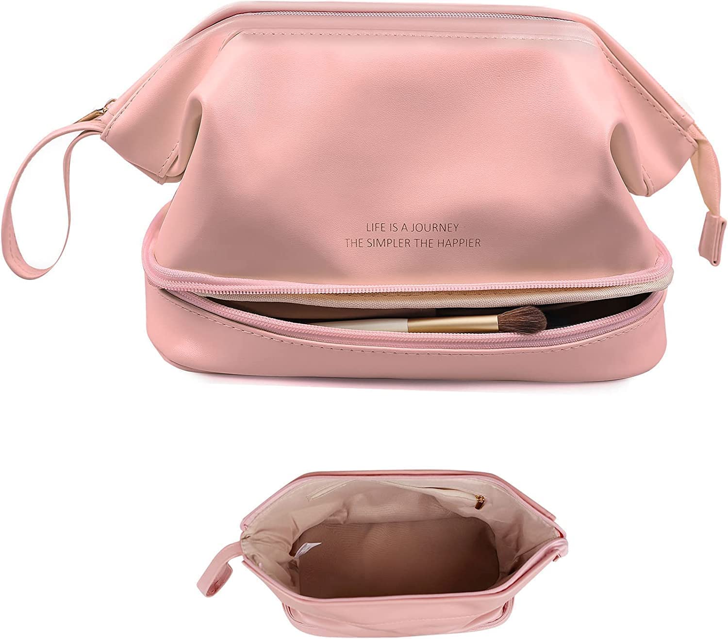 Styxon Travel Makeup Bag for Women - Double Layer Waterproof Leather Cosmetic Organizer with Large Zipper, Portable Toiletry Pouch for Girls (Pink) - Perfect for Travel, Gym, Vacation & Daily Use