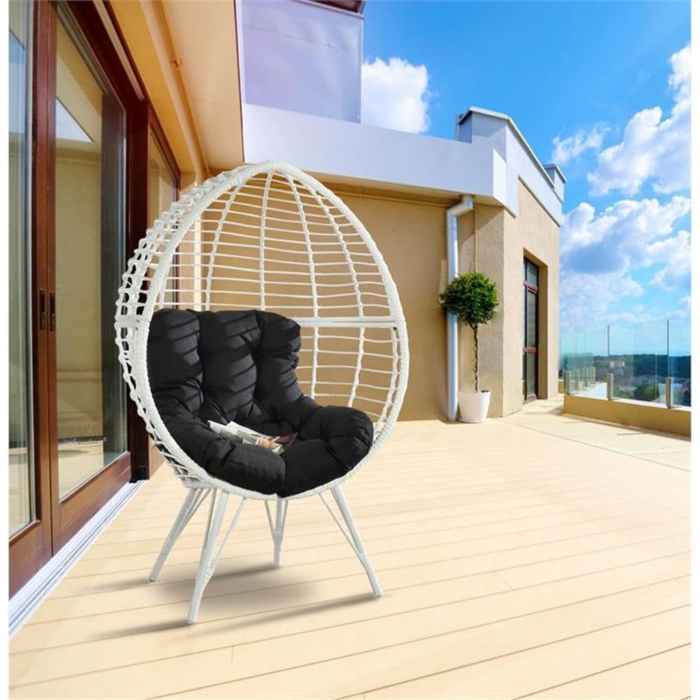 Acme Glazed Wicker Teardrop Patio Lounge Chair - Black & White Outdoor Furniture for Poolside, Garden & Backyard Relaxation