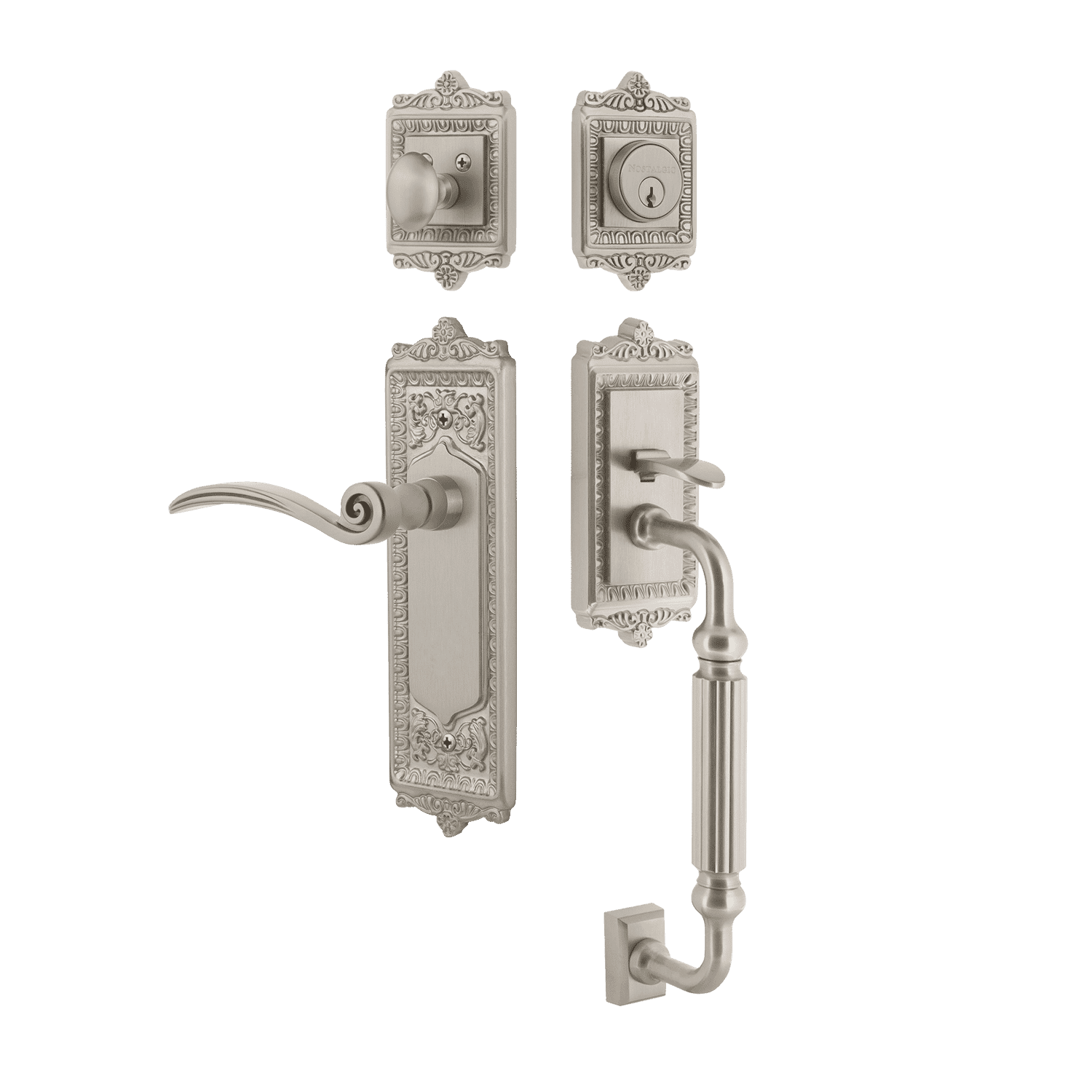 Egg & Dart Door Handleset with F Grip & Long Backplate - Satin Nickel Finish for Classic Home Interiors | Vintage Style Entry Door Hardware for Traditional Houses