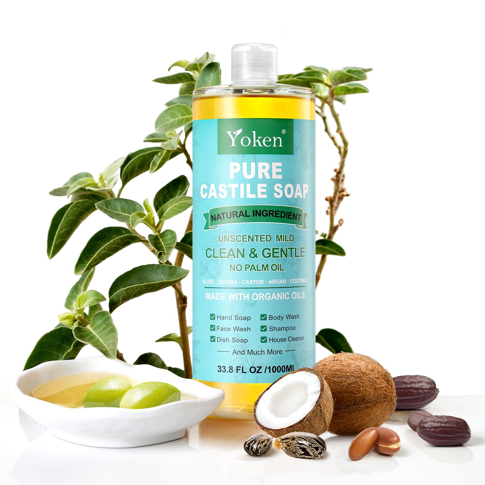 Organic Unscented Pure Castile Liquid Soap 67 fl oz - Vegan, Palm Oil Free, Gentle Multi-Purpose Soap for Face, Body, Hand Wash & Dishes | Perfect for Sensitive Skin, Baby Care & Eco-Friendly Cleaning