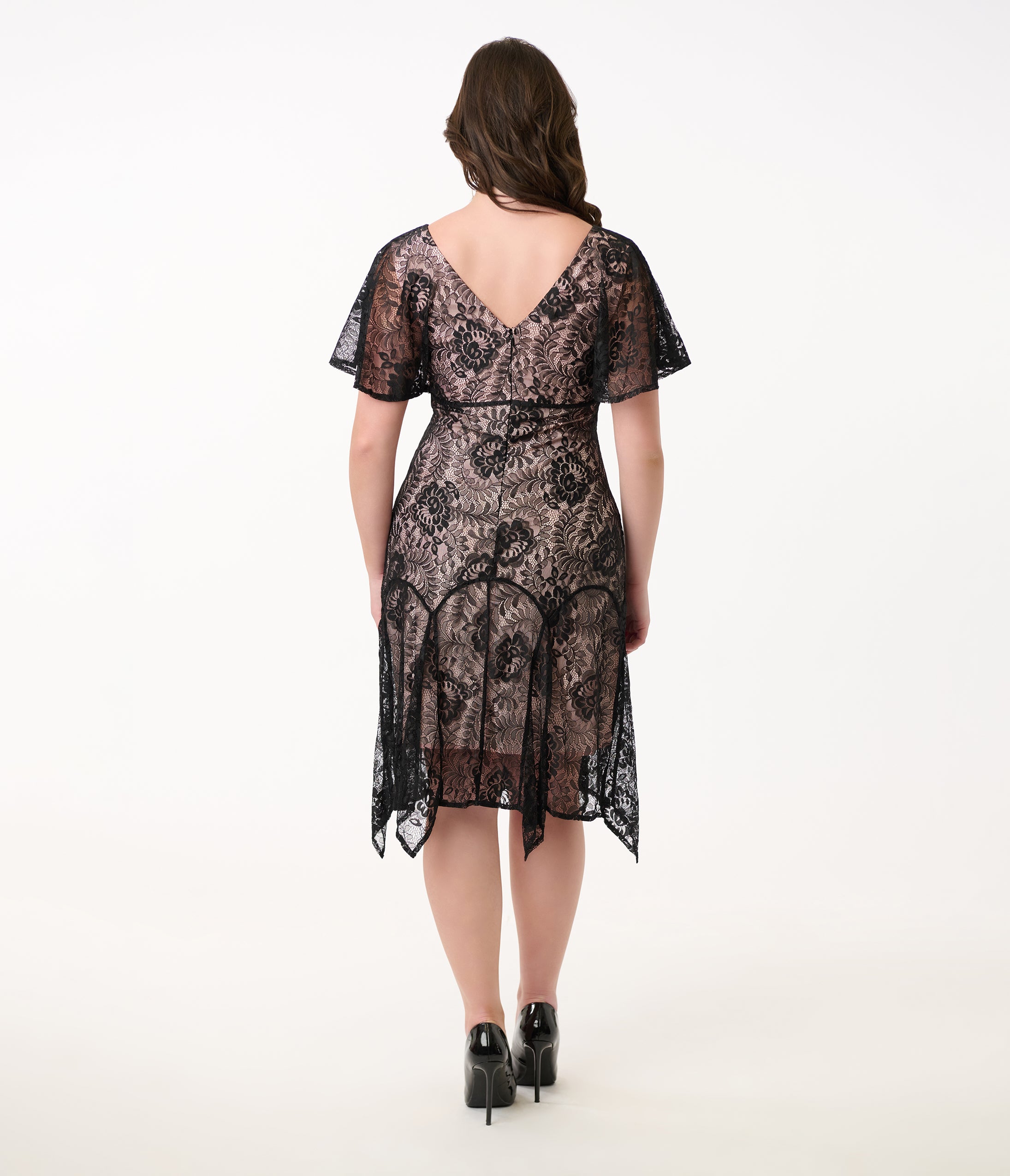 Vintage 1920s Black Lace Flapper Dress with Peach Lining & Flutter Sleeves - Roaring 20s Gatsby Party, Halloween Costume, Themed Wedding Guest Outfit