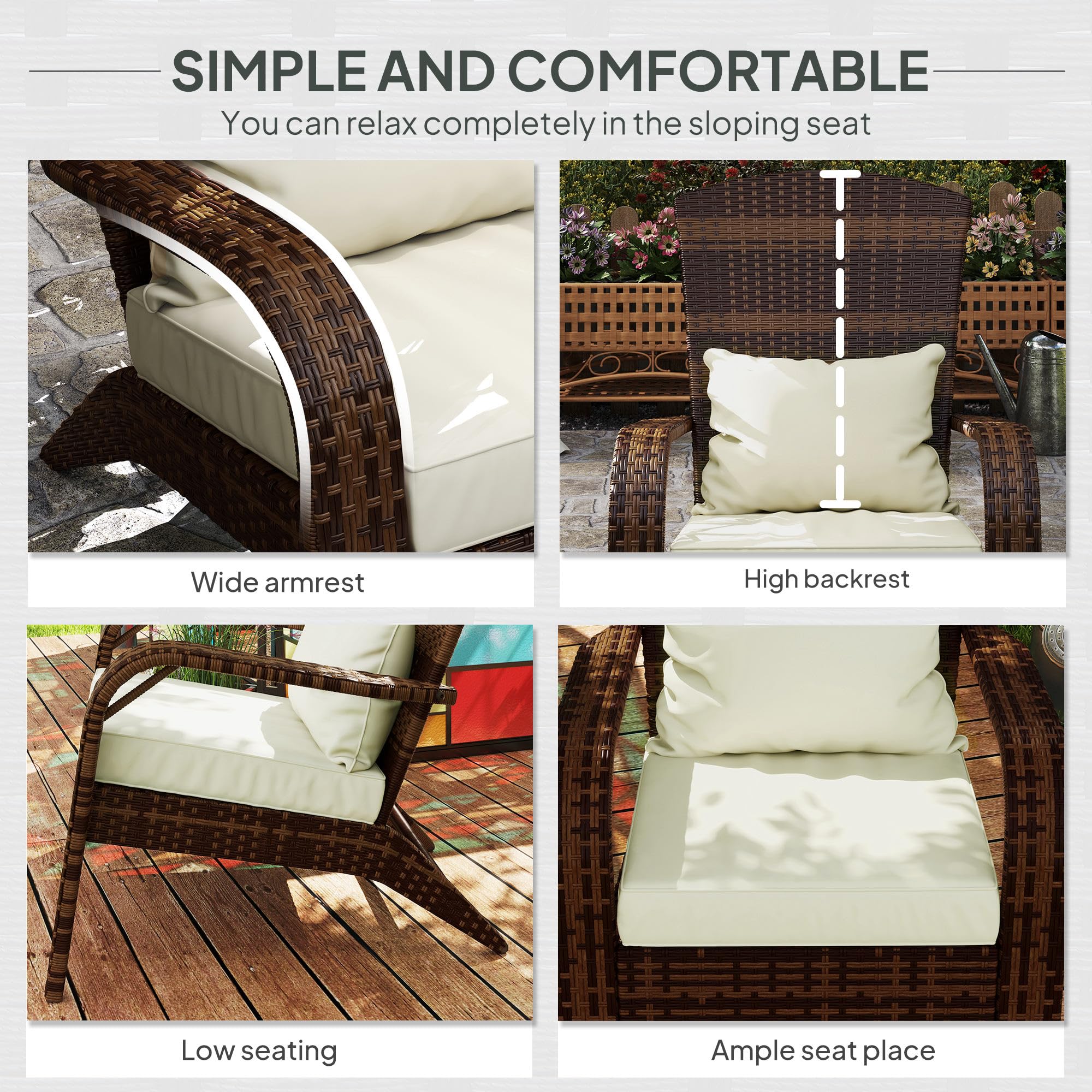 Outsunny All-Weather Wicker Adirondack Chair with Cushions - Patio Fire Pit Lounge Chair with Curved Backrest & Armrests for Deck, Garden, Backyard - Cream White Outdoor Furniture for Relaxation & Entertaining
