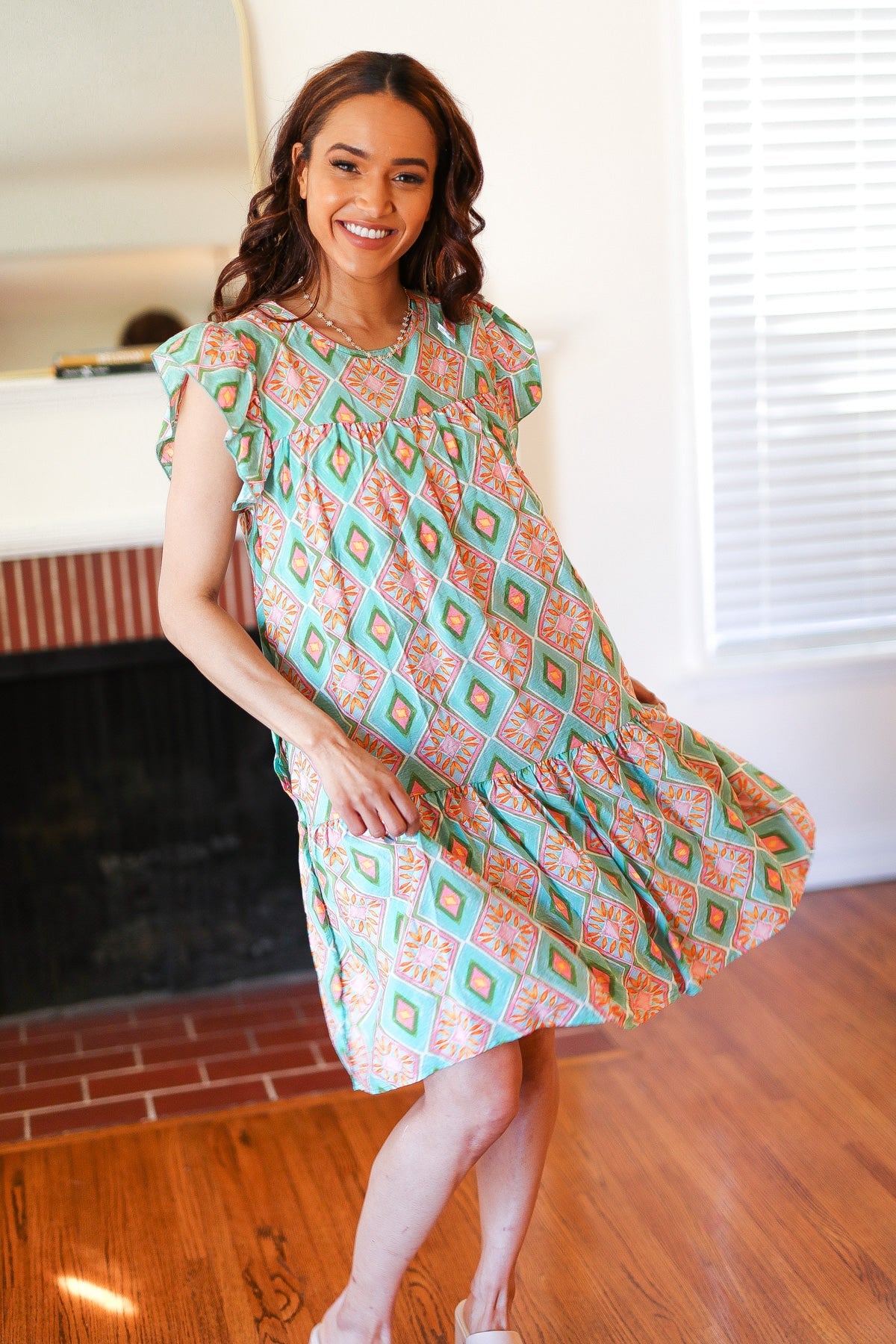 Boho Print Yoke Poplin Woven Dress - Floral Geometric Summer Dress for Women | Perfect for Beach Vacations, Music Festivals & Casual Outings