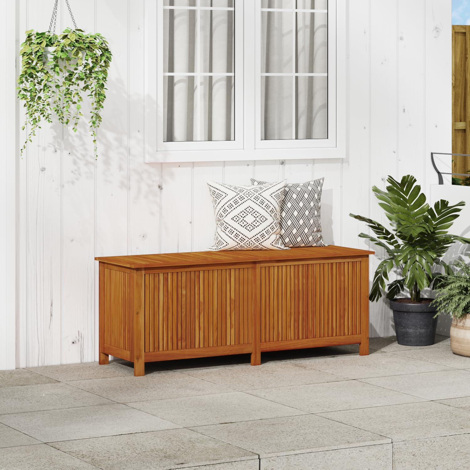 vidaXL Outdoor Storage Box - 59.1''x19.7''x22.8'' Deck Box with Gas-Lift Lid & Waterproof Zippered Bag - Solid Acacia Wood Patio Furniture - Perfect for Garden, Poolside & Backyard Storage