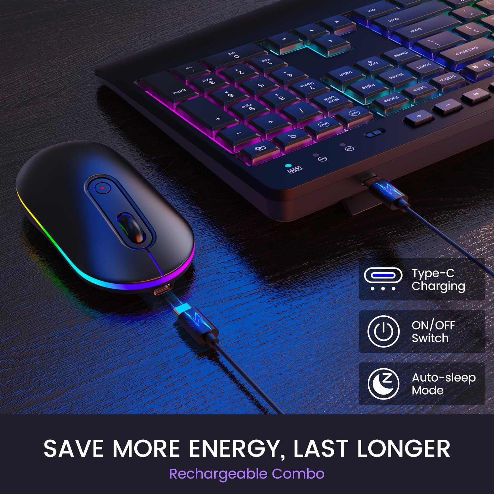 RGB Backlit Wireless Keyboard and Mouse Combo - 2.4G Rechargeable Full-Size Ergonomic Set with Phone/Tablet Holder | Silent Typing for PC, Laptop, Office & Gaming Use