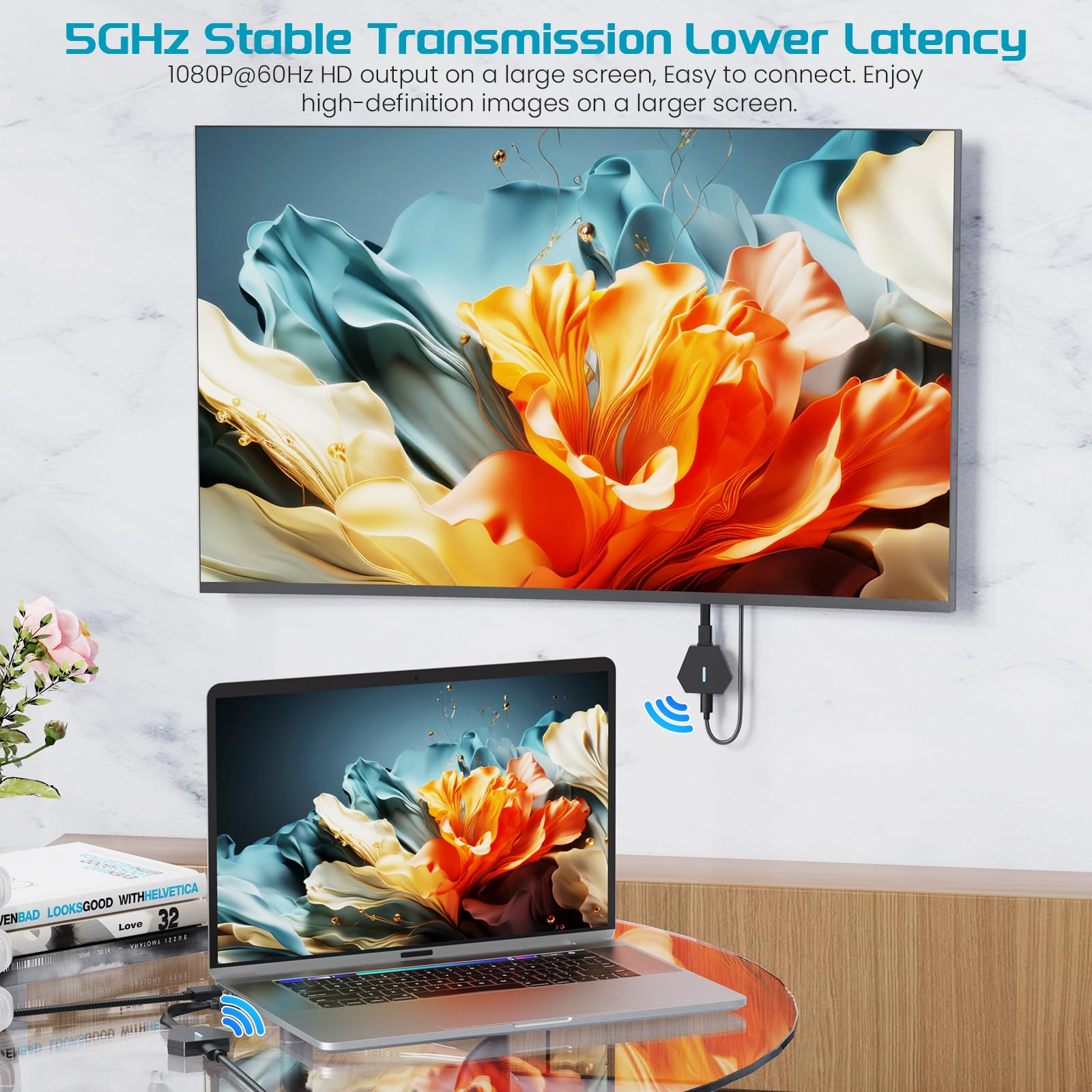 5G Wireless HDMI Transmitter and Receiver Kit - 1080P@60Hz, 165ft Range - Compatible with PC, Laptop, Nintendo Switch, TV Box to TV/Monitor/Projector (Black) - Perfect for Home Theater, Gaming & Office Presentations