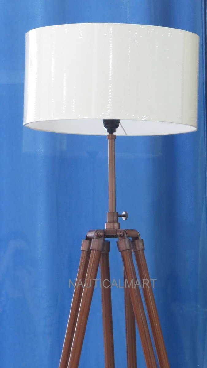 Vintage Oak Wood Tripod Floor Lamp with Copper Finish & White Cotton Shade - Modern Farmhouse Lighting for Living Room, Bedroom or Office Decor
