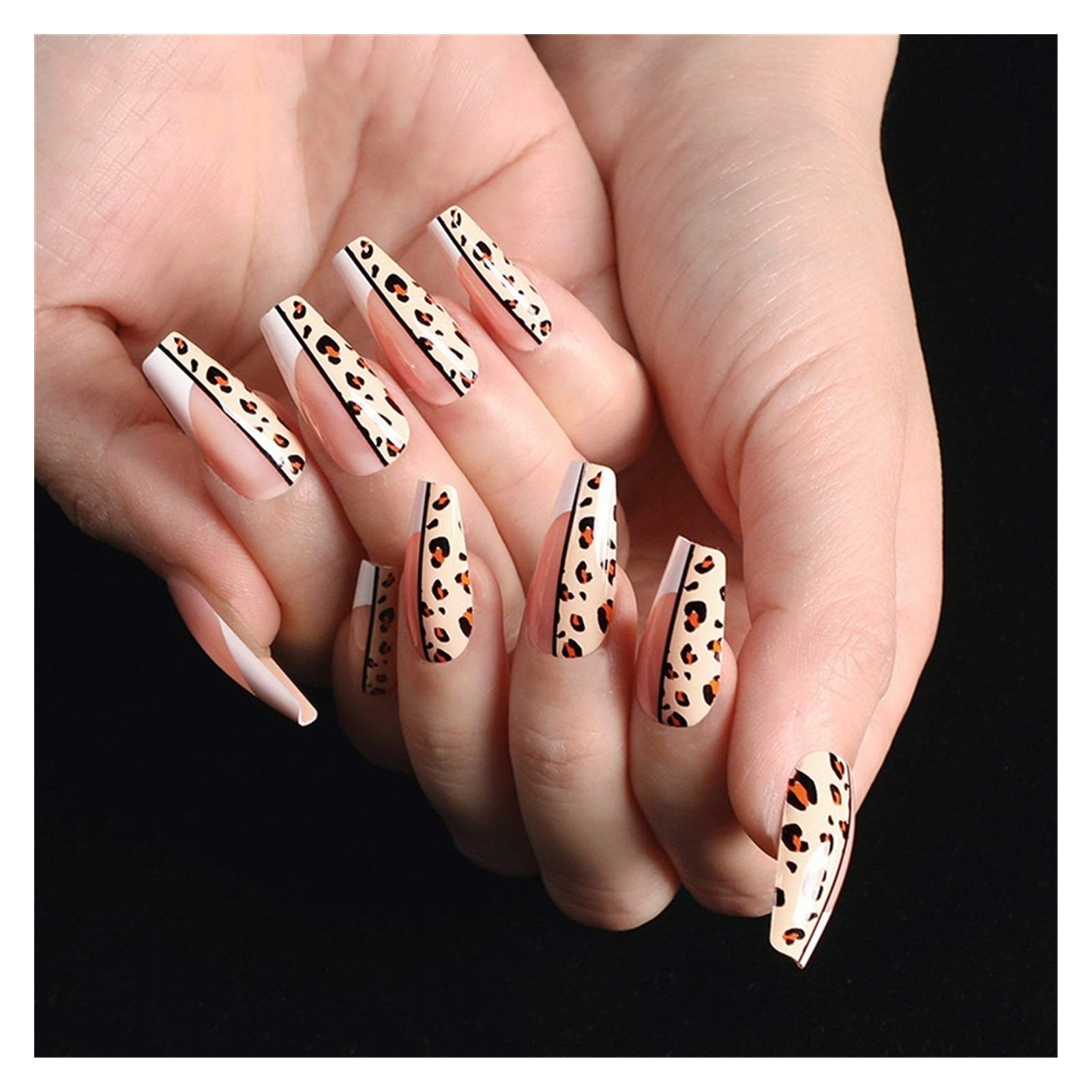 24pcs Press On Nails with French Leopard Print Designs - False Nails with Glue Kit for Women - Ballet Manicure Patch for Parties, Weddings & Special Occasions