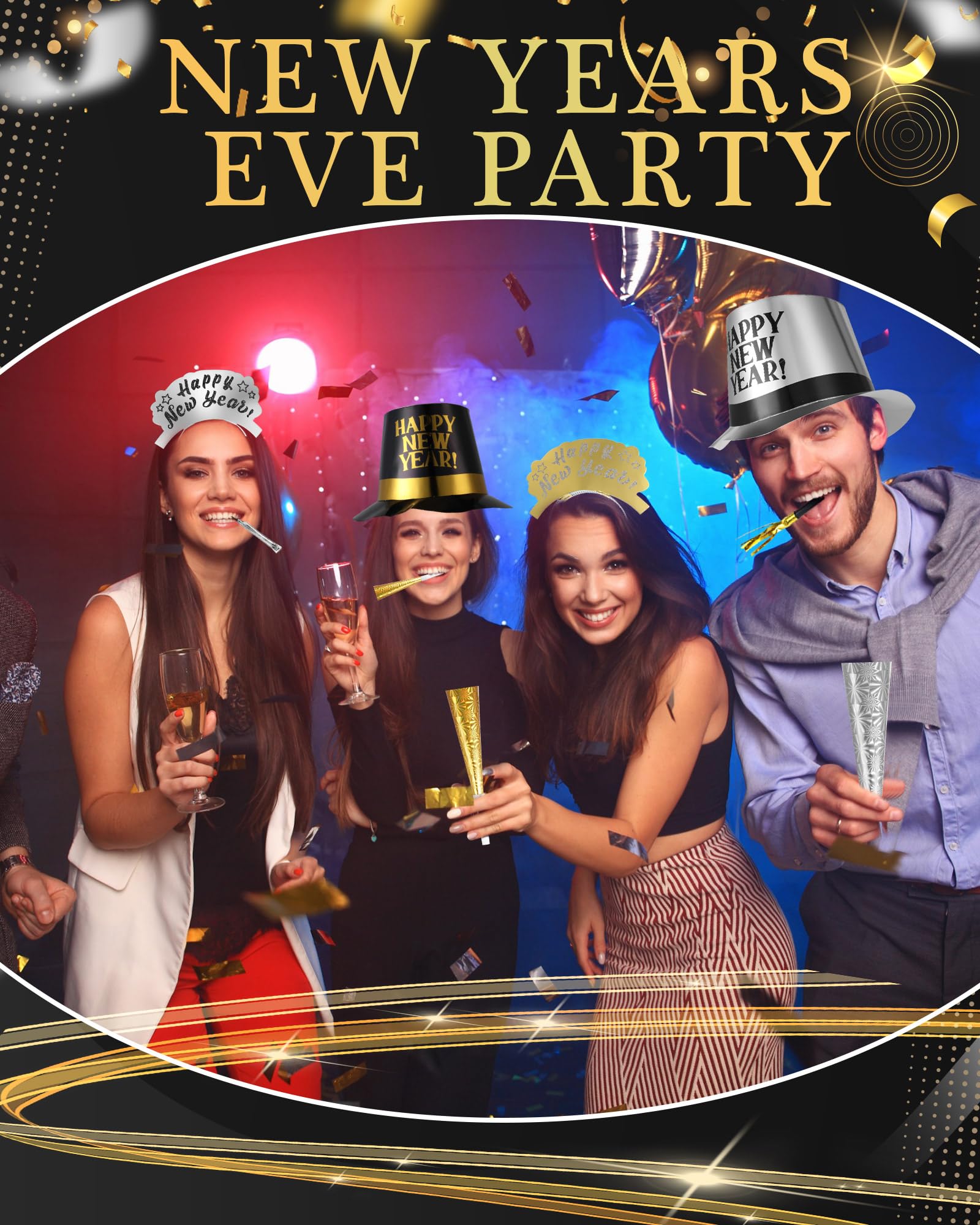 Syhood 200 Pcs New Year's Eve Party Kit 2025 - Top Hat, Headband, Tiaras & Horn Blowouts for 100 Guests | NYE Celebration, Countdown Party, Ball Drop Event Supplies