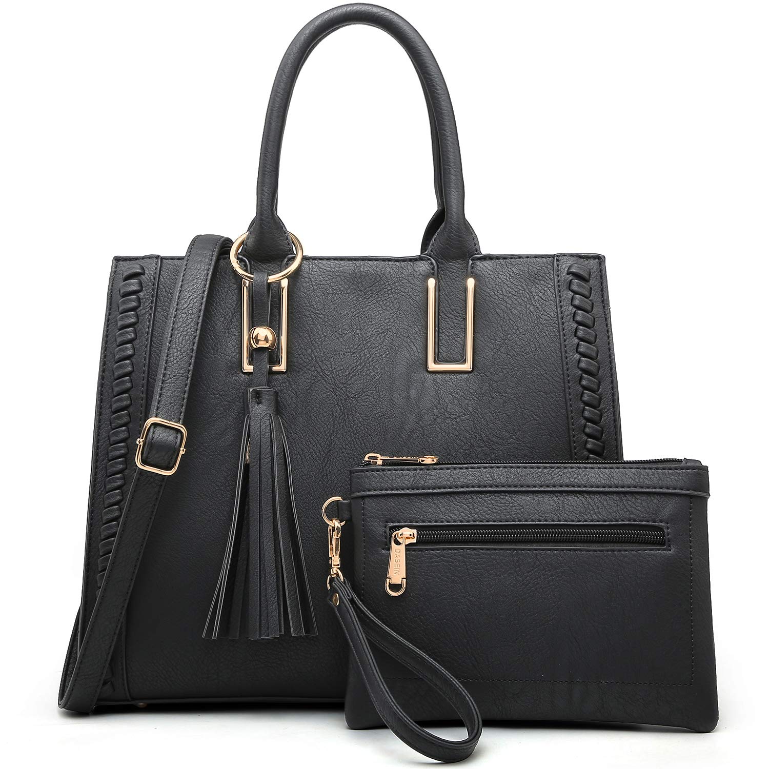 Dasein Women's Vegan Leather Satchel Shoulder Bag & Matching Clutch - Stylish Work Tote for Office, Business, and Everyday Use