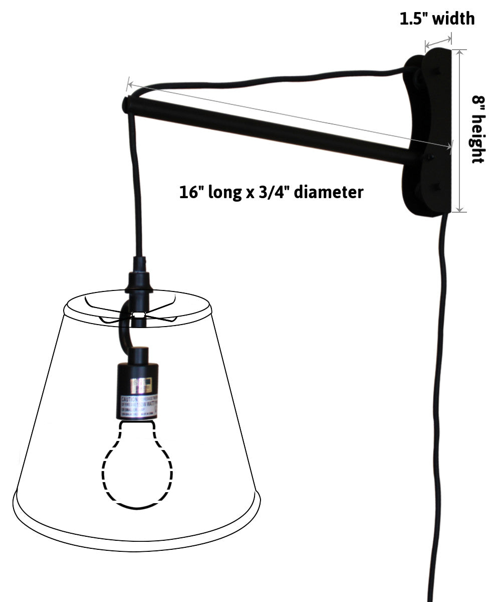 12W MAST Plug-In Wall Mount Pendant Light with Black Cord & Adjustable Arm - Shallow Drum Textured Slate Shade for Living Room, Bedroom, or Dining Room Lighting