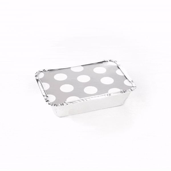 16 oz Rectangle Silver Aluminum Take Out Containers with Polka Dot Paper Lids - 7 1/4