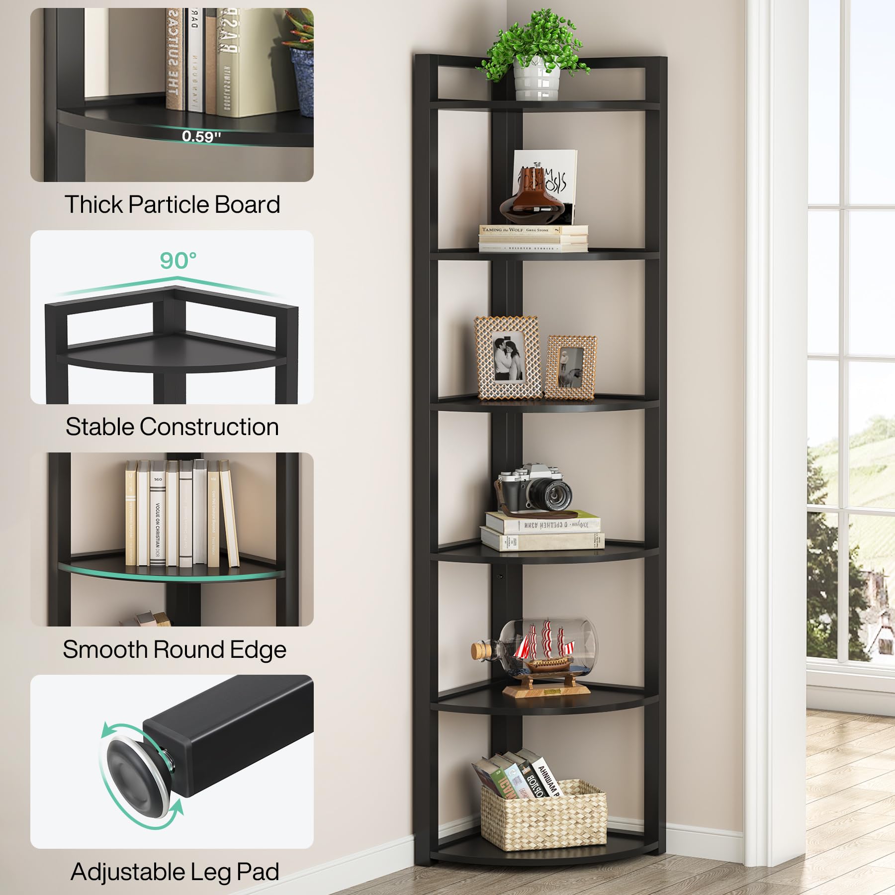 TRIBESIGNS WAY TO ORIGIN 70.9 Inch Tall 6-Tier Corner Bookshelf - Modern Ladder Shelf with Sturdy Metal Frame - Multifunctional Storage Solution for Living Room, Home Office, Kitchen - Perfect for Small Spaces & Home Organization (Black)