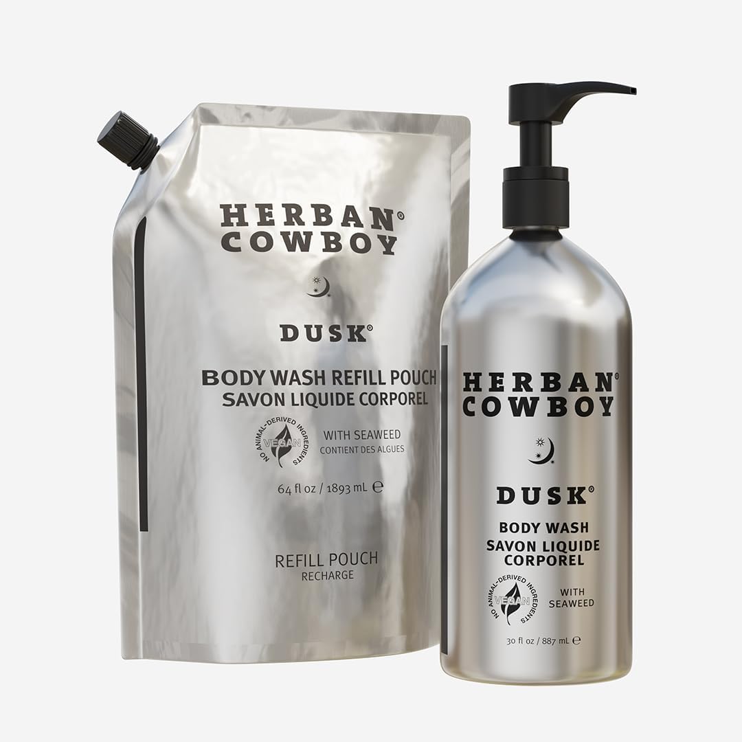 Herban Cowboy Dusk Scented Body Wash - 30oz Eco-Friendly Aluminum Bottle with 64oz Refill Pouch - Natural Men's Shower Gel for Daily Use & Travel