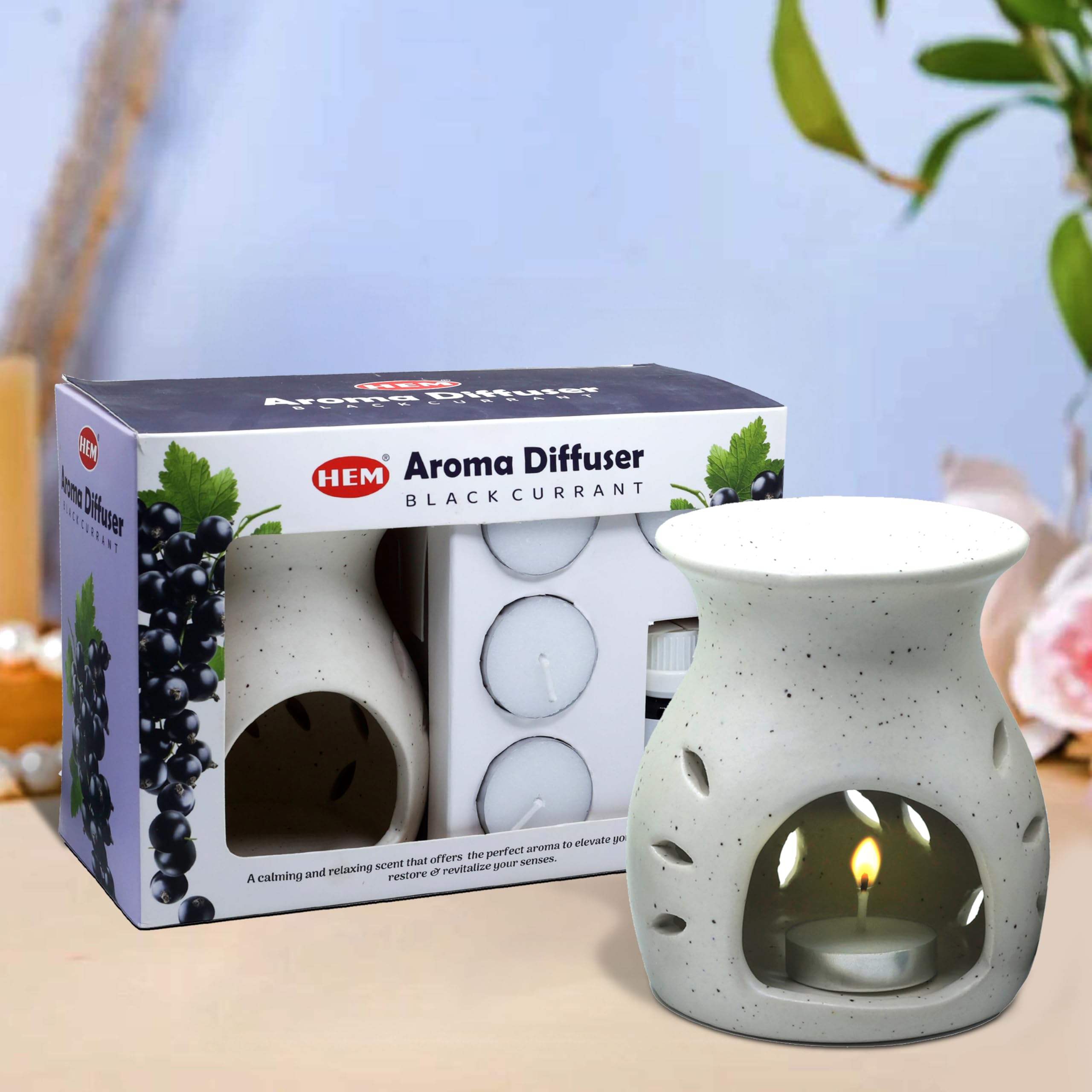 Premium HEM Ceramic Oil Burner Gift Set with Black Currant Essential Oil (10ml) & 4 Tealight Candles - Aromatherapy Diffuser for Home Fragrance, Spa Relaxation, Meditation & Gifts - Perfect for Bedroom, Bathroom, Yoga Studio & Office Spaces