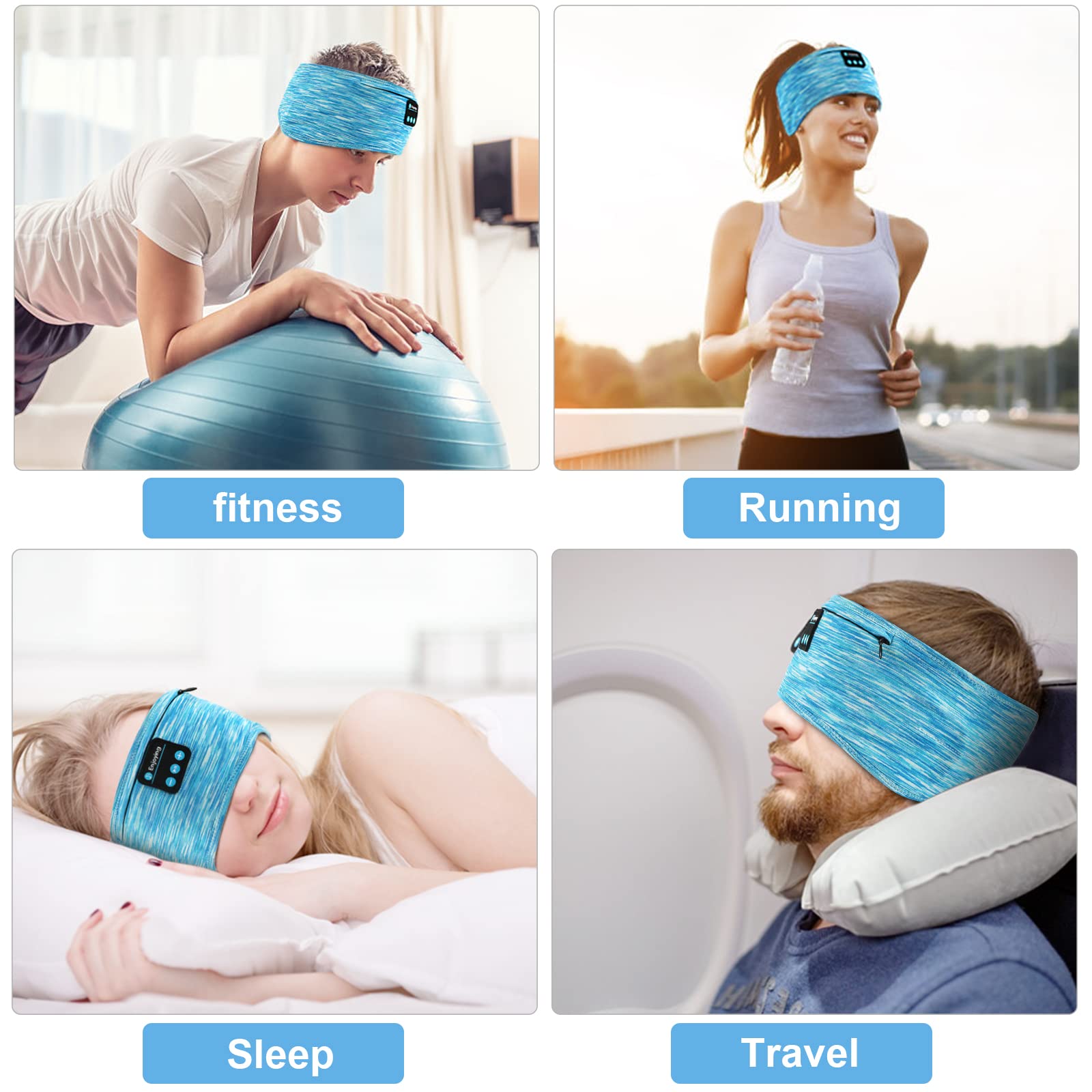 Wireless Sleep Headphones Headband with Zip Pocket - Ultra-Thin HD Stereo Speakers for Side Sleepers | Bluetooth Sports Headphones for Running, Yoga, Meditation & Relaxation (Blue) - Perfect for Nighttime Comfort & Workout Sessions
