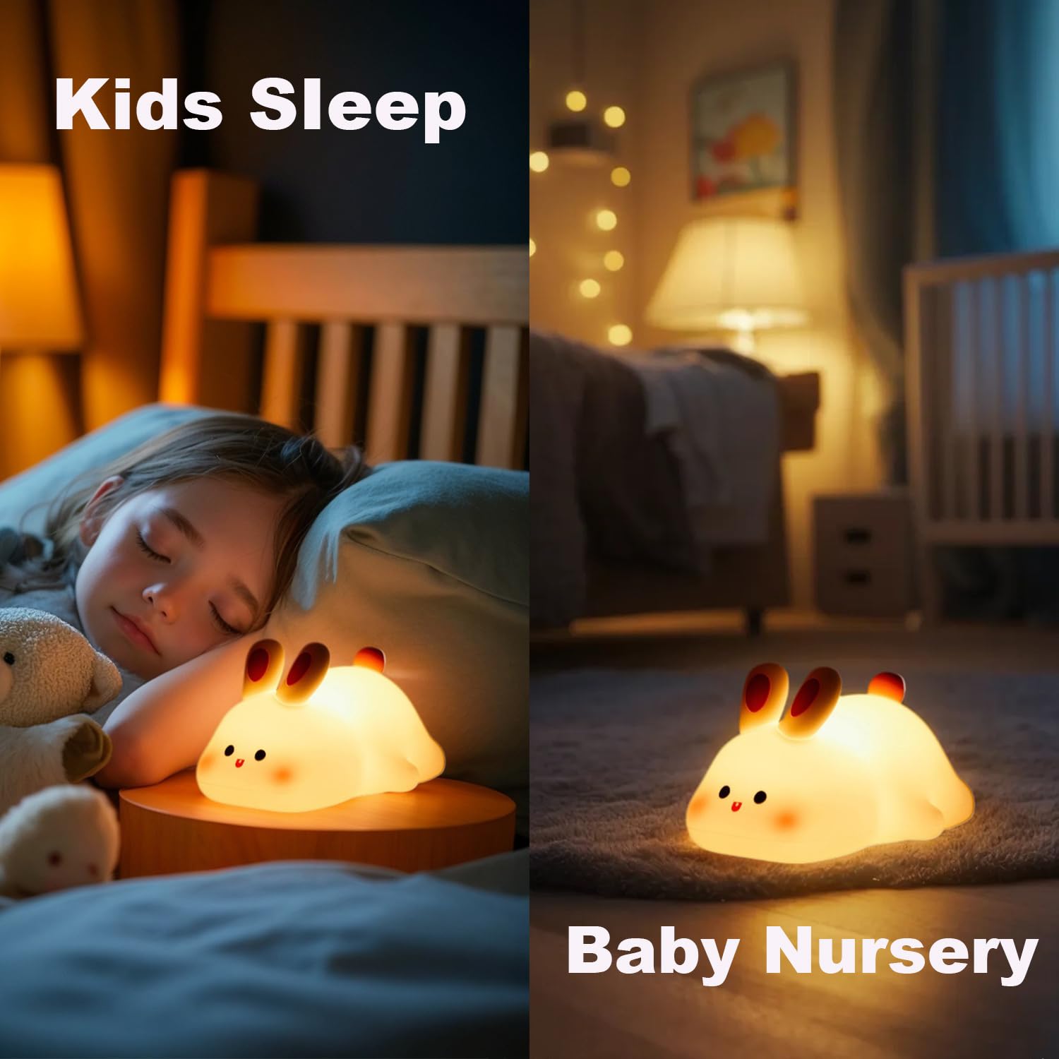 Cute Bunny Night Light for Kids - Soft Silicone Squishy Lamp with 30-Min Timer, Kawaii Room Decor for Toddlers & Teen Girls - Perfect for Bedtime, Nursery, and Kids' Bedroom Decor