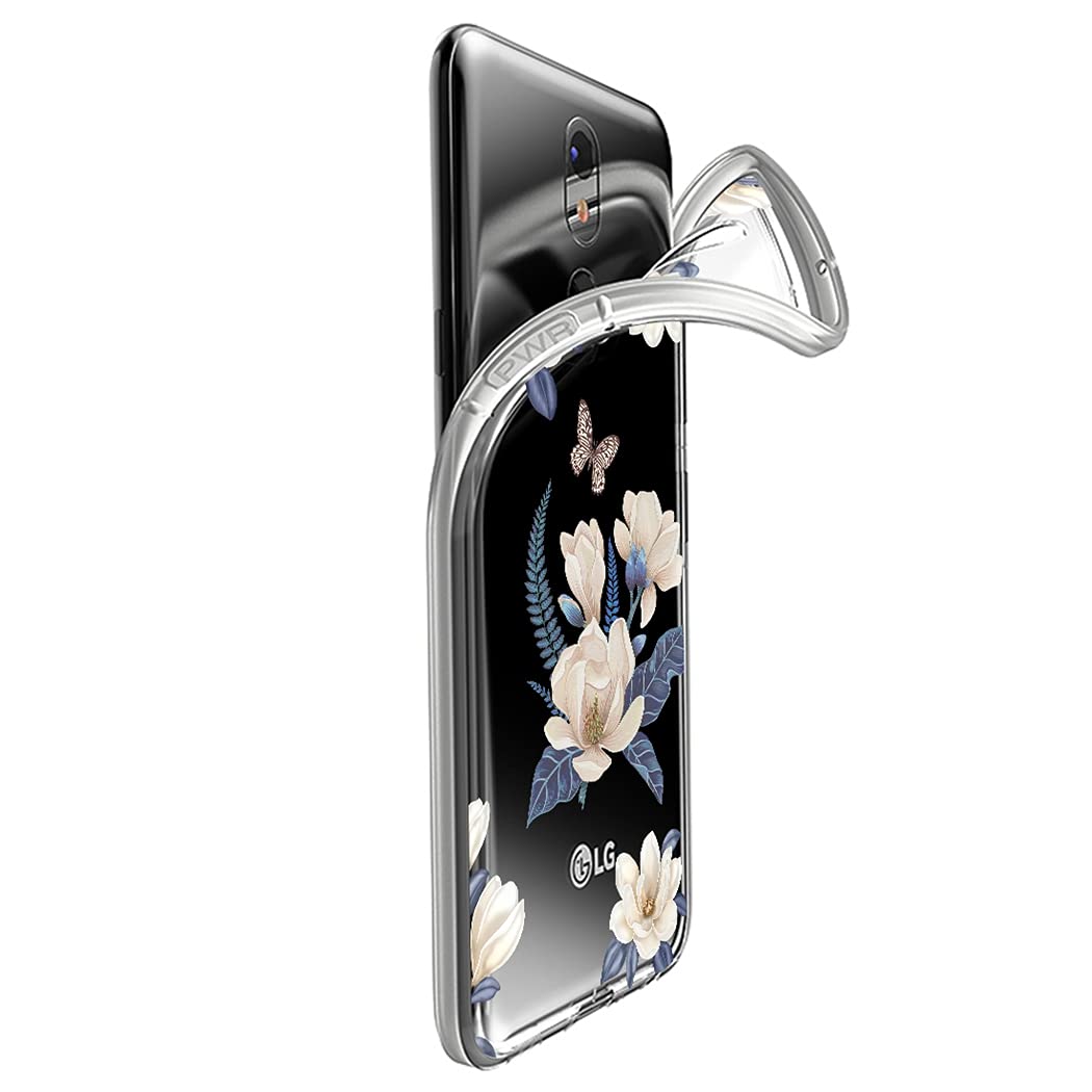 LG K40/K12 Plus/X4 2019/Solo LTE/Harmony 3/Xpression Plus 2 Phone Case - Clear Slim Shockproof Soft TPU Rubber Protective Cover with Floral Design for Women & Girls (White Flower Pattern) - Perfect for Everyday Use, Work, School & Travel Protection