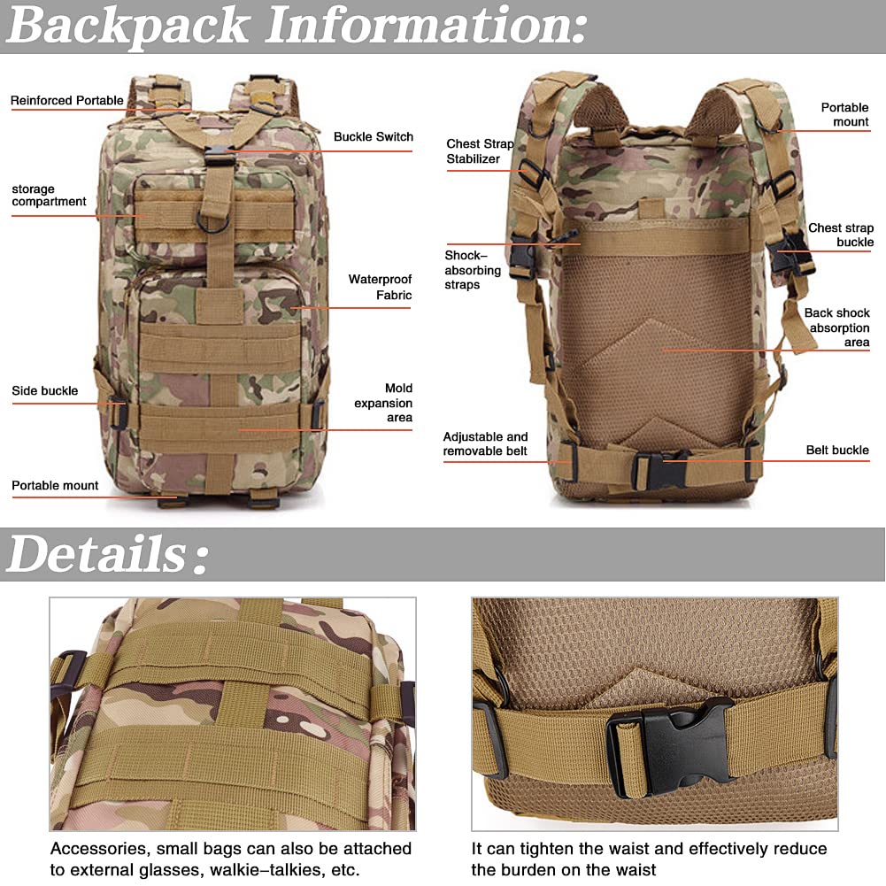 LIMHOO Tactical Backpack for Men - 30L Small Military Rucksack with Molle System & USA Flag Patch (CP Camo) - Durable Army Backpack for Hiking, Camping, EDC and Outdoor Adventures