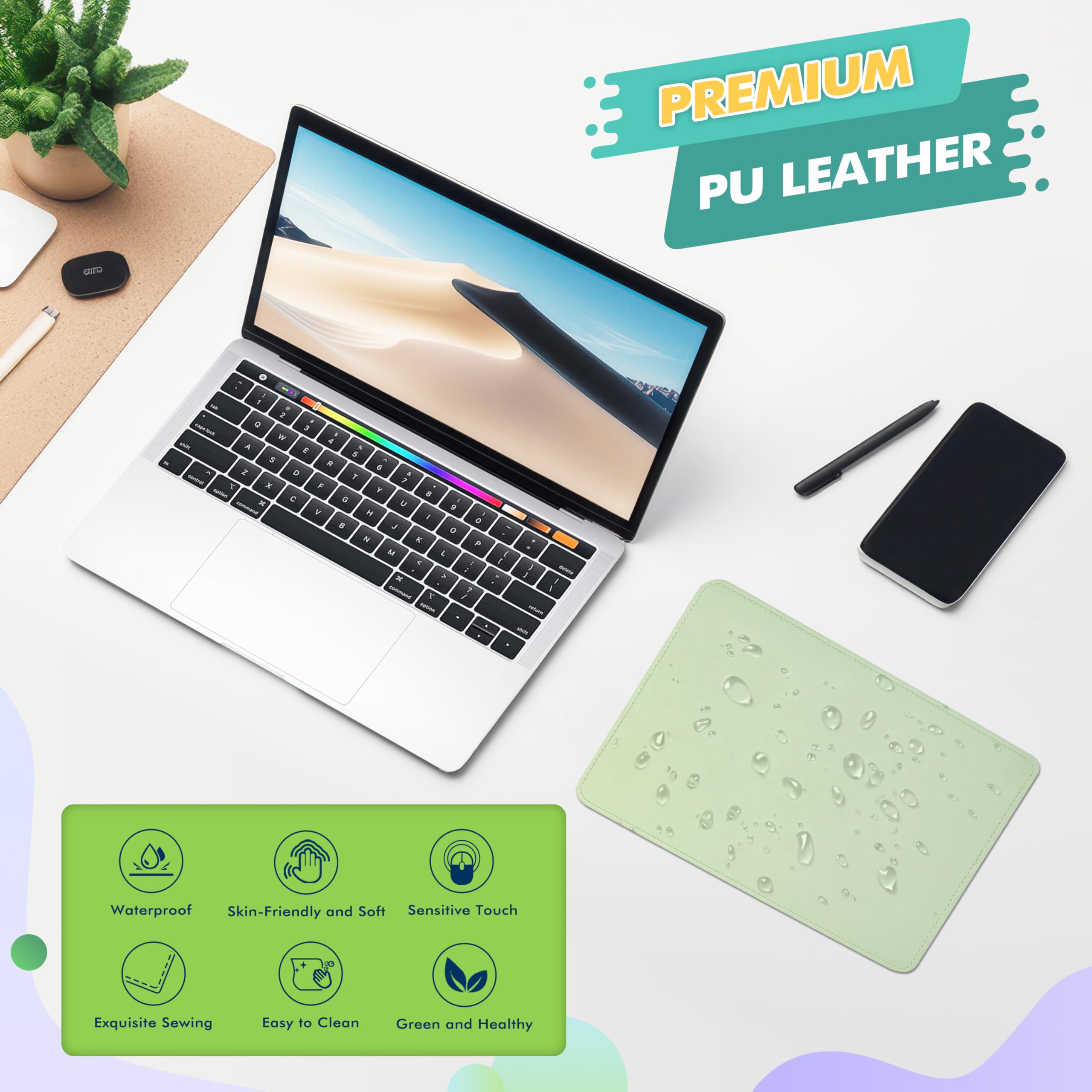 Premium PU Leather Mouse Pad with Stitched Edge - Non-Slip Microfiber Base, Waterproof Desk Mat for Computer & Laptop (8x11 Inch, Fresh Green) - Perfect for Office, Gaming & Home Workspace