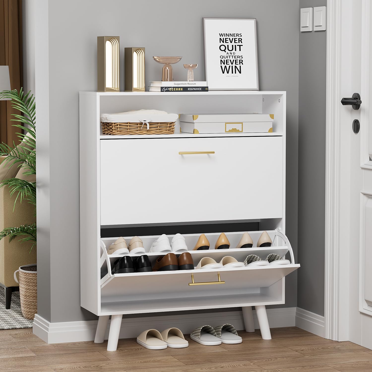 White Slim Shoe Cabinet with 2 Flip Drawers - 2 Tier Freestanding Shoe Organizer for Entryway, Hallway & Living Room - Space Saving Shoe Storage Solution for Small Apartments & Homes