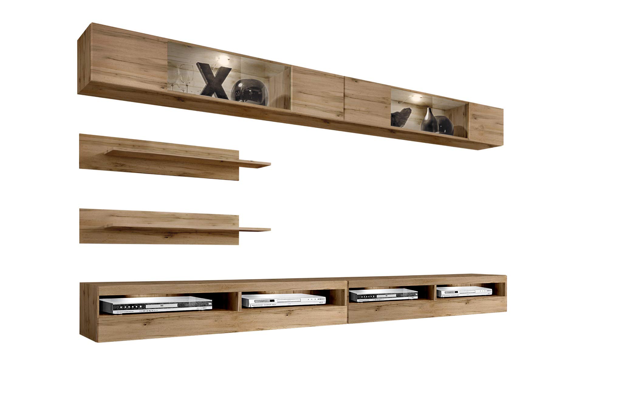 Modern Oak Wall-Mounted TV Stand with Storage Shelves & LED Lights - Floating Entertainment Center Console for Living Room & Bedroom - Perfect for Small Spaces & Home Theater Setup