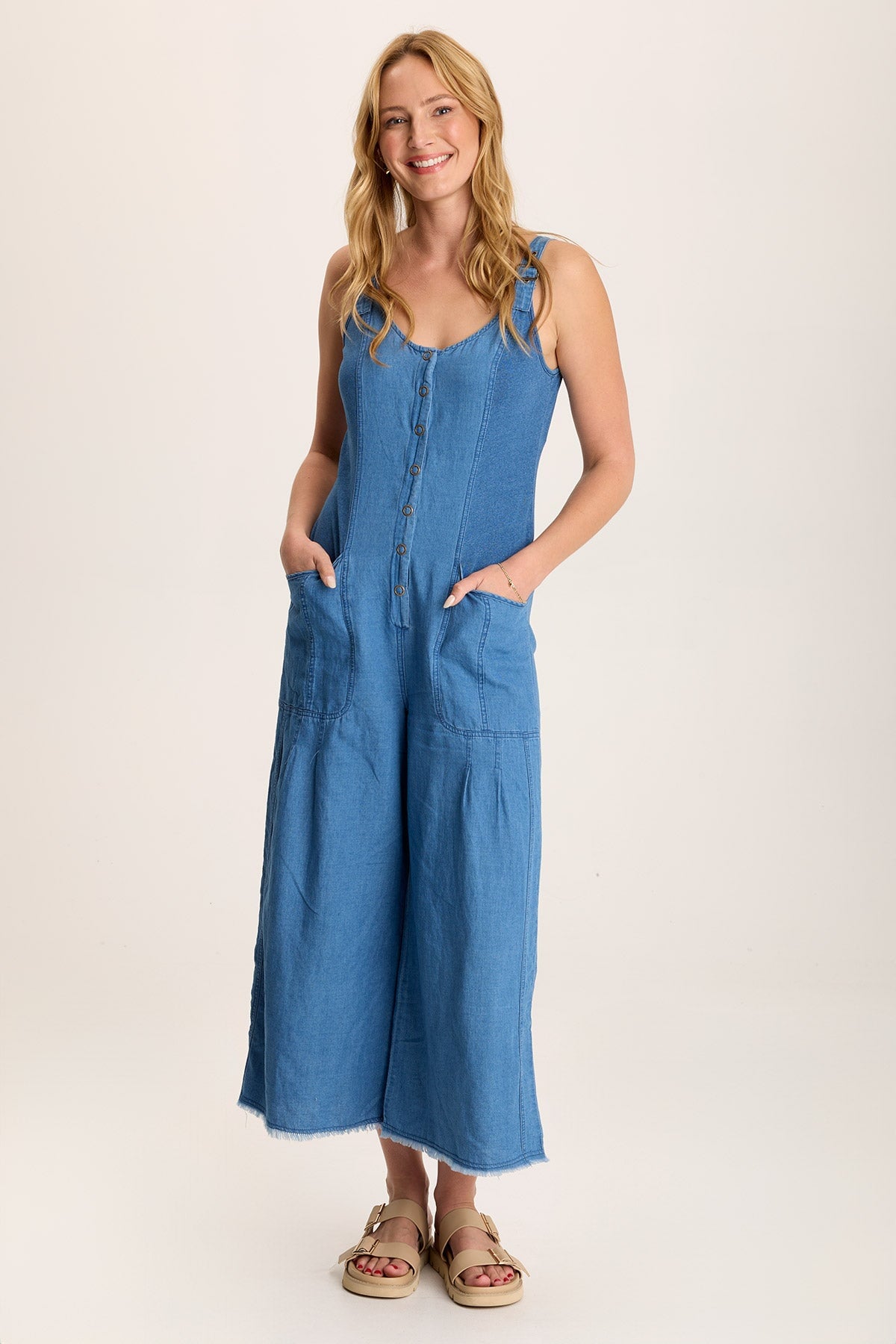 Jalila Women's Mock Denim Jumpsuit - Stretch Indigo Twill Romper with Pockets | Casual Outfit for Summer, Travel & Street Style Fashion