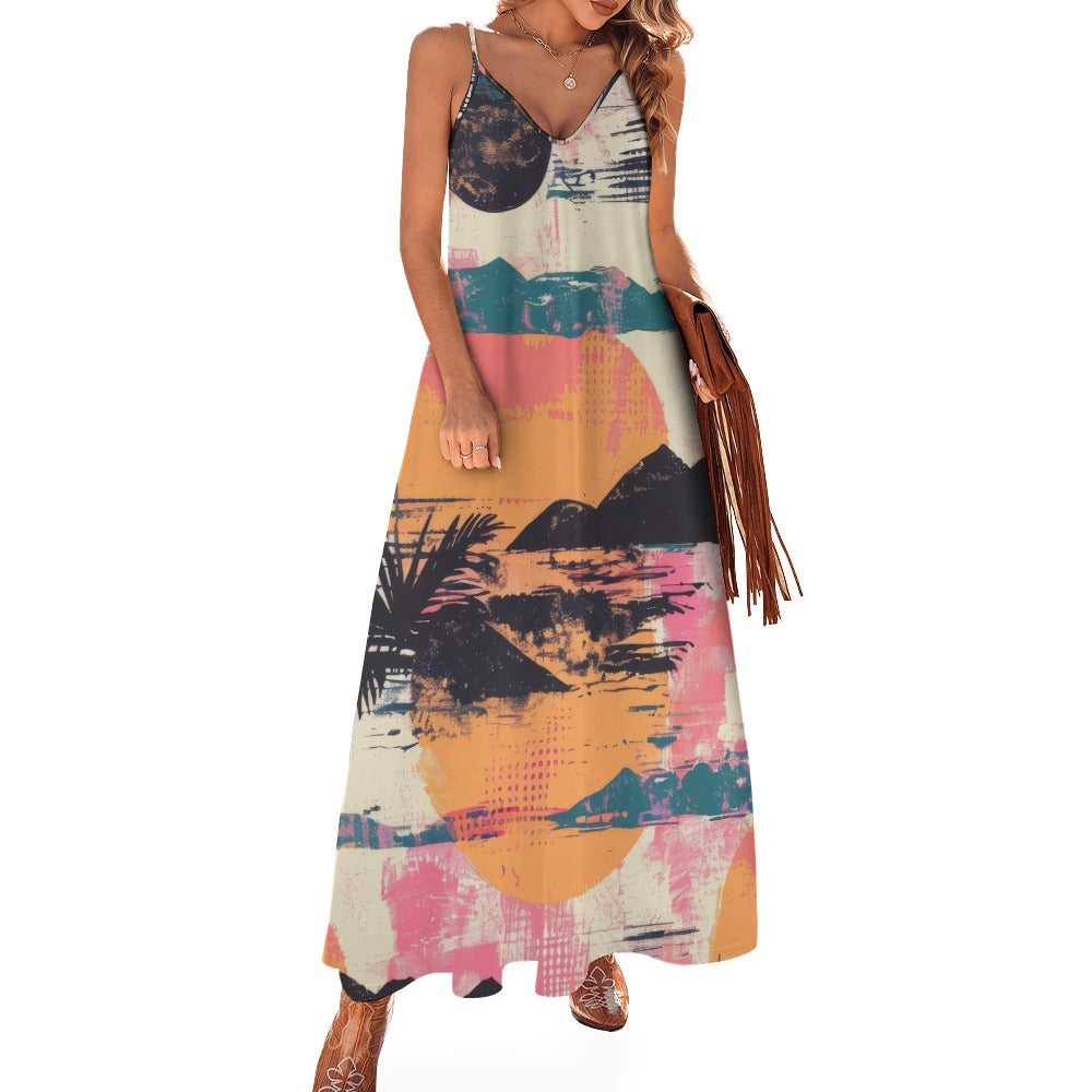 Grunge Sunset & Clouds Print Long Sling Ankle Dress for Women | Boho Chic Summer Beach Dress | Perfect for Music Festivals, Vacations & Date Nights