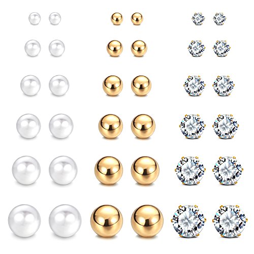 18 Pairs - Faux Pearl + Gold Color Ball + CZ Stud