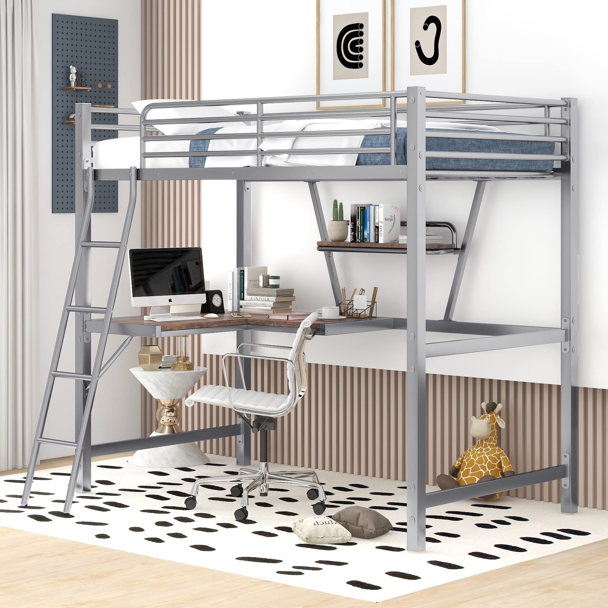 **Heavy Duty Twin Metal Loft Bed with Desk, Shelves & 2 Ladders – High Safety Guard Rails for Kids, Teens & Adults – Modern Silver Loft Bed for Small Spaces, Dorm Rooms & Apartments**