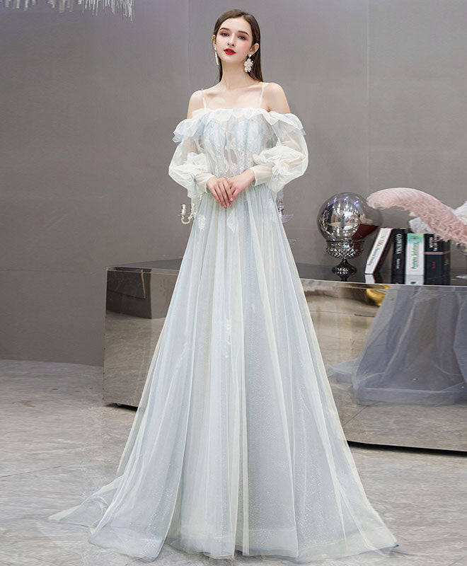 Elegant Blue Tulle Lace Long Prom Dress for Women - Formal Evening Gown for Homecoming, Wedding Guest, or Special Occasions