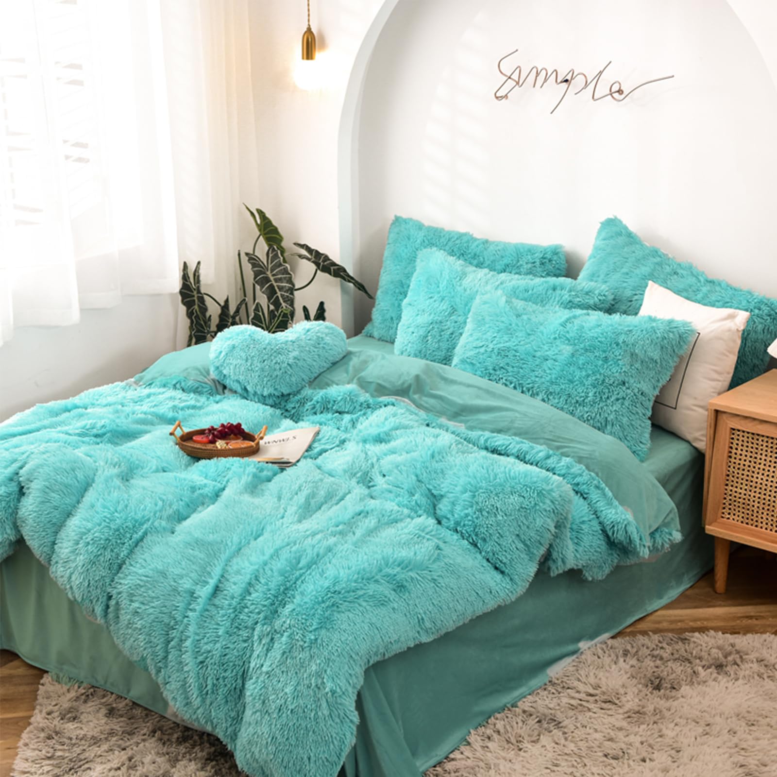 MorroMorn 5-Piece Shaggy Duvet Cover Set - Long Faux Fur Luxury Ultra Soft Bedding (Aqua, Full/Queen Size) for Cozy Winter Nights & Luxurious Bedroom Decor