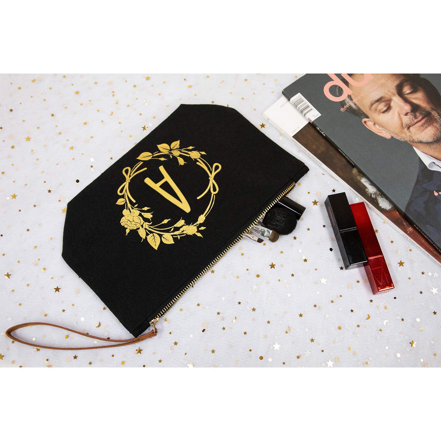 Personalized Monogram Makeup Bag for Women - Elegant Black Canvas Cosmetic Pouch with Custom Initial (A) | Perfect Wedding, Birthday & Teacher Gifts | Great for Travel, Bridal Shower & Everyday Use