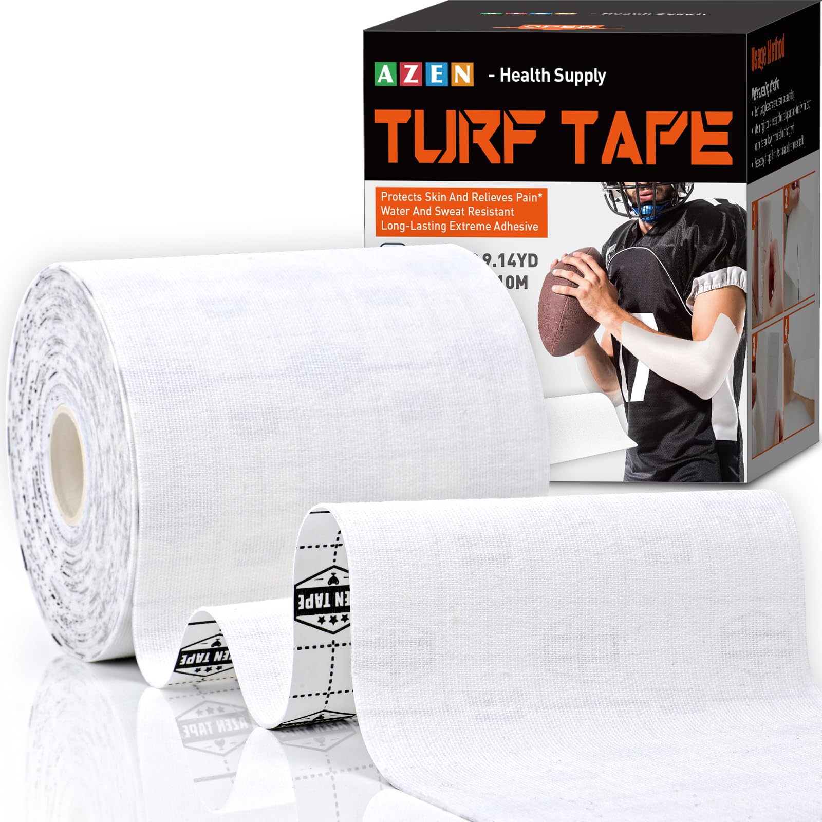 AZEN Turf Tape Football - 4 Inch x 9.14 Yards Extra Wide Kinesiology Tape Rolls, Waterproof Athletic Sports Tape for Turf Burn Protection (White) - Ideal for Football, Soccer, Rugby & Field Sports Players
