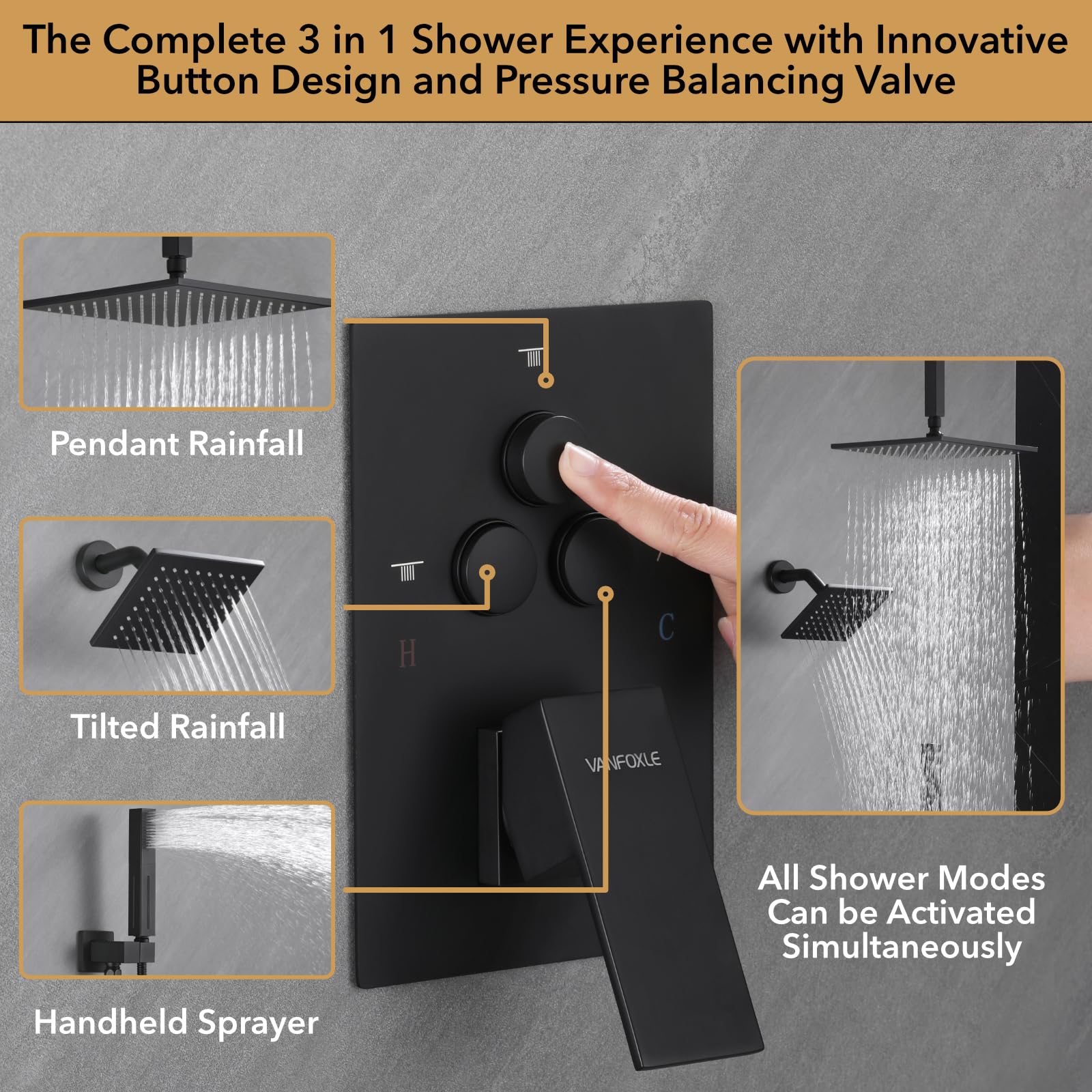 VANFOXLE Matte Black Shower Faucet Set with Push Button Diverter - 2 in 1 Handheld Shower Head & 10 Inch Ceiling Mount + 6 Inch Wall Mount Shower System for Modern Bathroom Renovation - Perfect for Master Bath, Guest Bath & Spa-Like Shower Experience