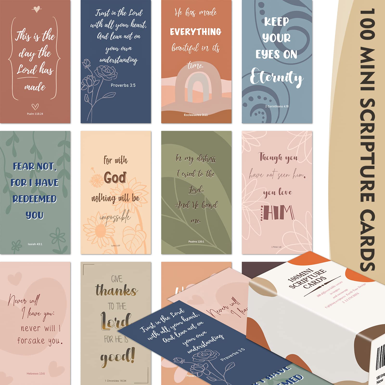 BRYTEFY 100 Earth Tone Prayer Cards with Inspirational Bible Verses - Assorted Mini Scripture Encouragement Cards for Christian Gifts, Bible Study & Daily Devotion